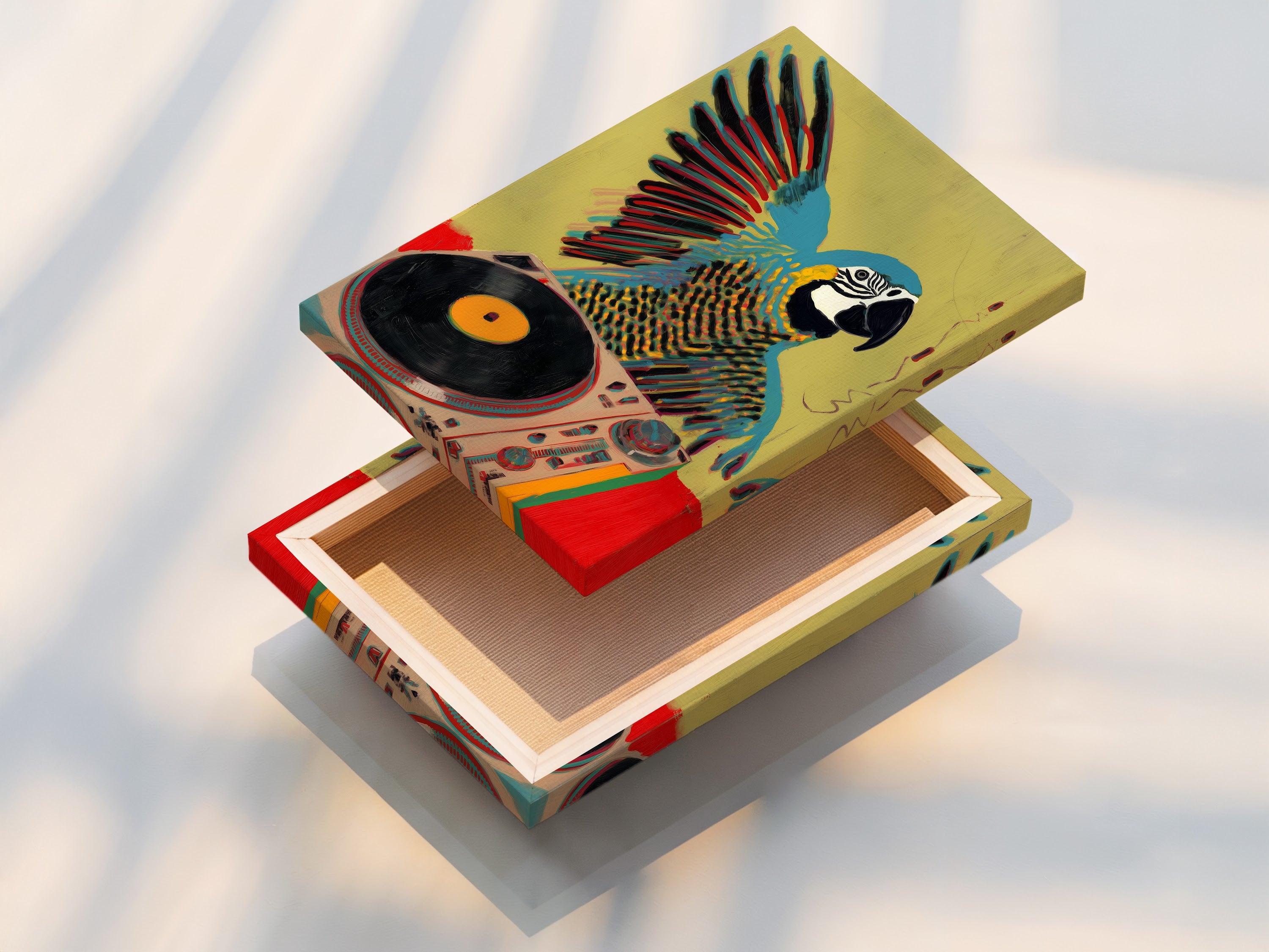 A stretched canvas print of the parrot DJ artwork is shown. The stretched canvas provides a gallery wrapped look. This is ready to hang and enjoy. The vibrant colors and details pop on canvas. Get your canvas print today.