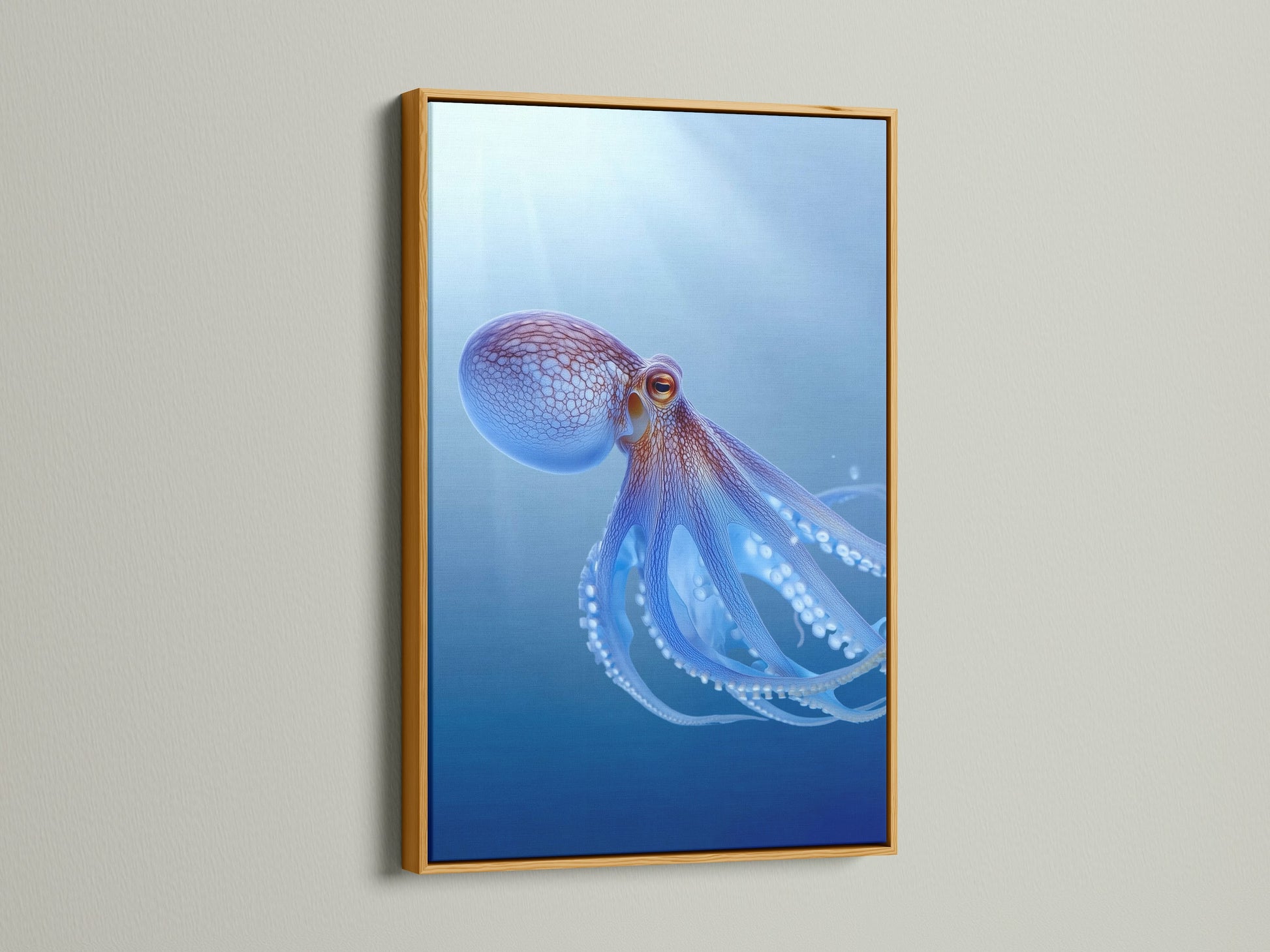 A gold frame adds a touch of luxury to this octopus art print. The teal blue sea wall art is elevated by the metallic accent. This marine animal artwork brings a sophisticated coastal feel. Perfect for creating a stylish ocean-themed room. Discover the beauty of sea canvas art.