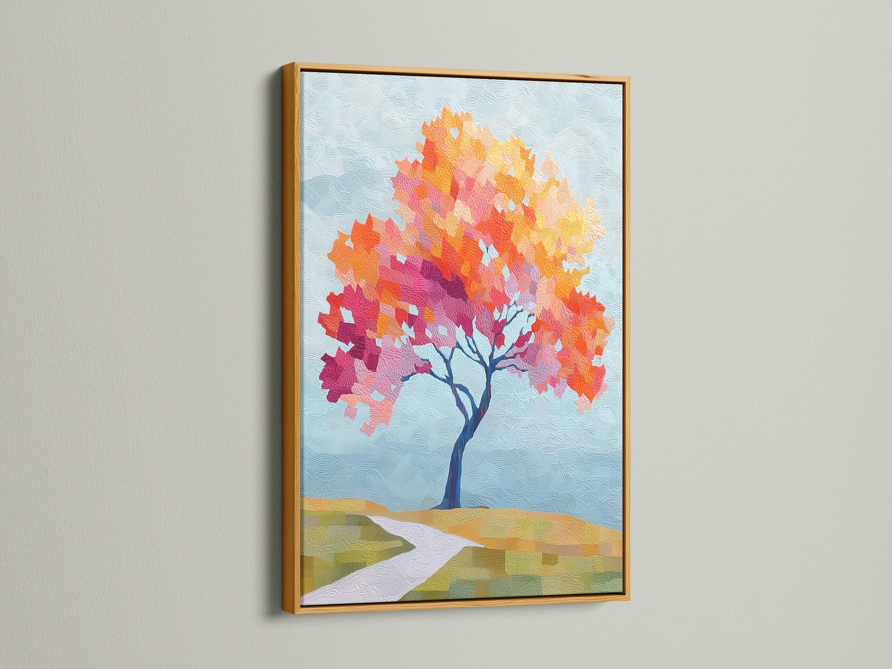 Gold Frame displaying the Autumn Tree Canvas Print. The artwork offers vibrant fall colors wall art. The gold frame adds a touch of elegance. It is perfect for contemporary print. This seasonal decor enhances any living space.
