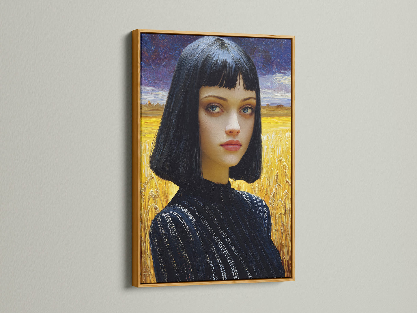 Gothic portrait art in a gold frame. This contemporary woman painting creates dark moody art. A great piece of gothic wall art for bedroom wall decor. This is modern portrait art.
