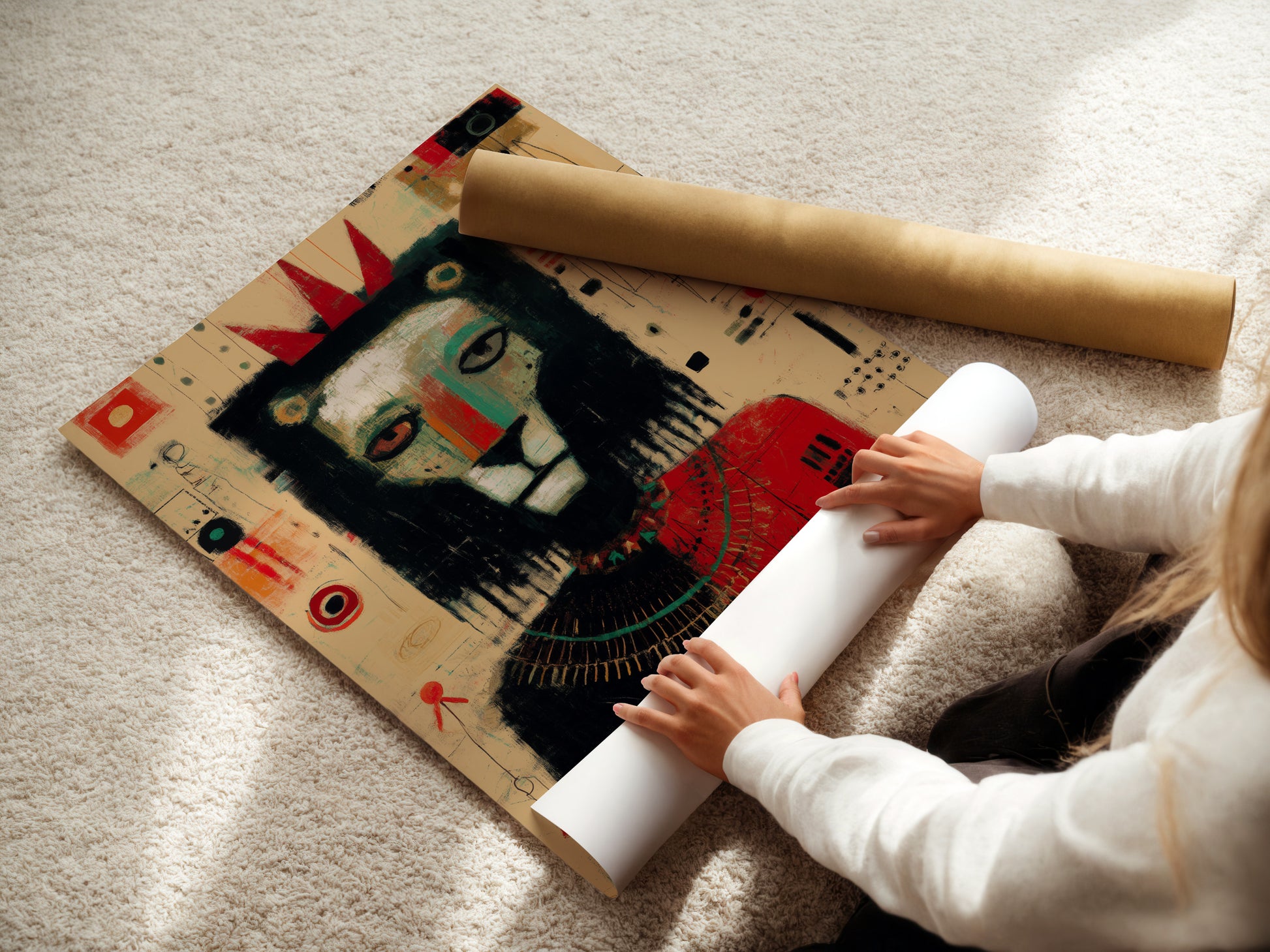 A woman carefully rolls a fine art poster paper showcasing the quality and care. This premium paper ensures vibrant colors and sharp details. Explore our range of fine art poster paper for stunning art prints. Preserve your art.