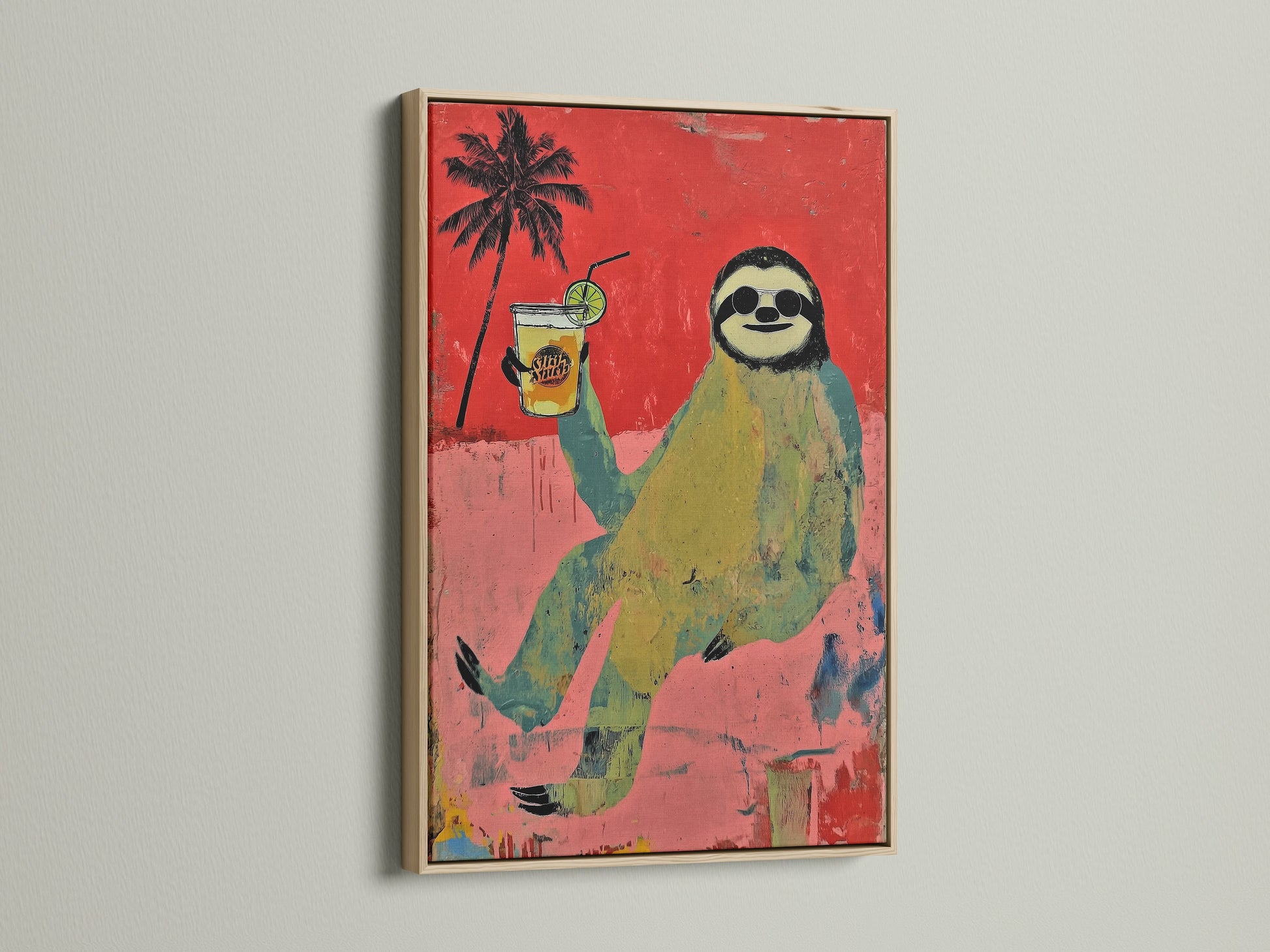 This is a stylish oak frame displaying a sloth art print. The tropical summer wall art is both funny and eye-catching. Ideal for collectors or anyone seeking a unique decor piece. It enhances living spaces effortlessly.