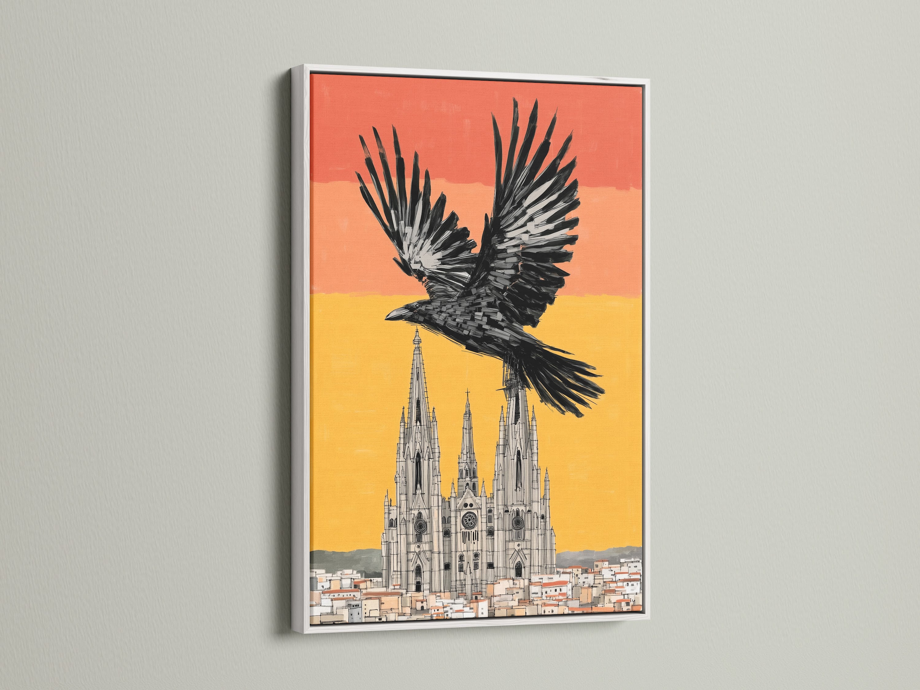 This black bird cathedral canvas print is framed in white. Explore the beauty of gothic wall art. The artwork adds a touch of elegance to any space. Ideal for homeowners renters and interior designers seeking gothic home decor and architecture art.