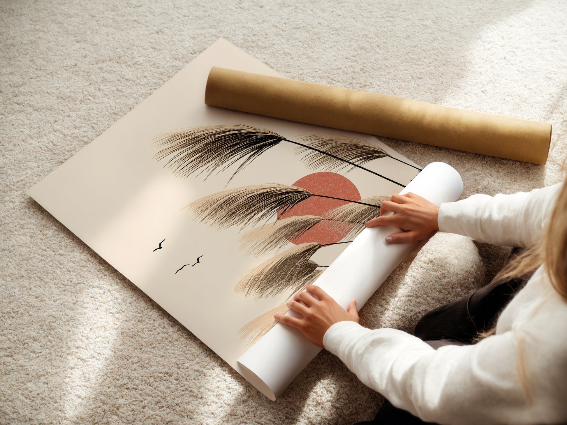 A woman carefully rolling a fine art poster paper print of pampas grass artwork. Highlighting the delicate handling of the botanical art. This minimalist print is perfect for creating a serene bedroom wall decor. Ideal for adding a touch of nature to any space. The fine art poster paper ensures a high-quality finish.