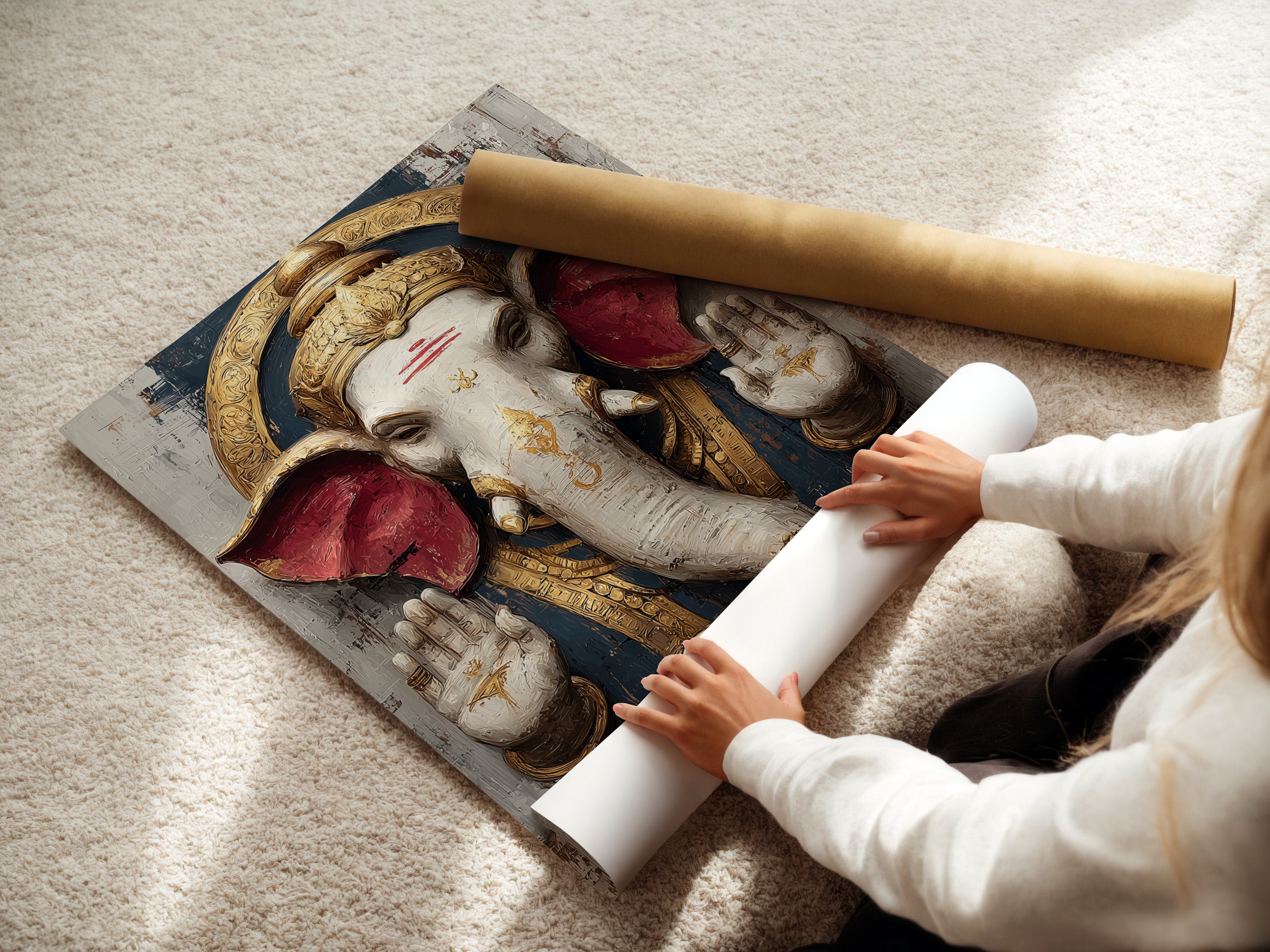 A woman rolls fine art poster paper featuring Ganesha Wall Art. This Hindu Elephant God print is perfect for spiritual decor. It is ideal for bohemian-themed meditation rooms. It is also great for yoga studios. The poster paper captures the art.