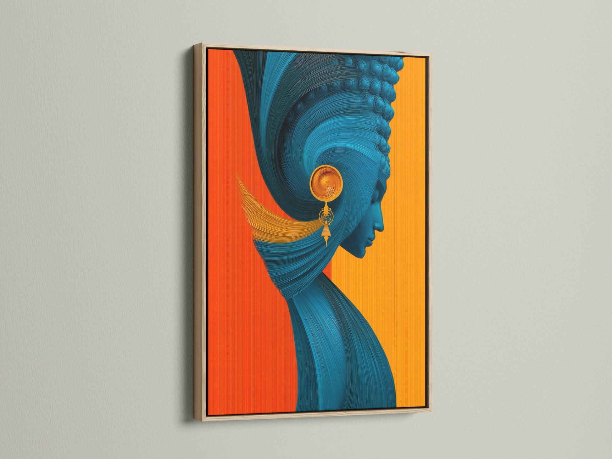 The abstract woman art is showcased in an oak frame. The natural wood grain complements the modern portrait print. The teal and orange wall decor stands out. It brings warmth and sophistication to living spaces or office wall art setups.