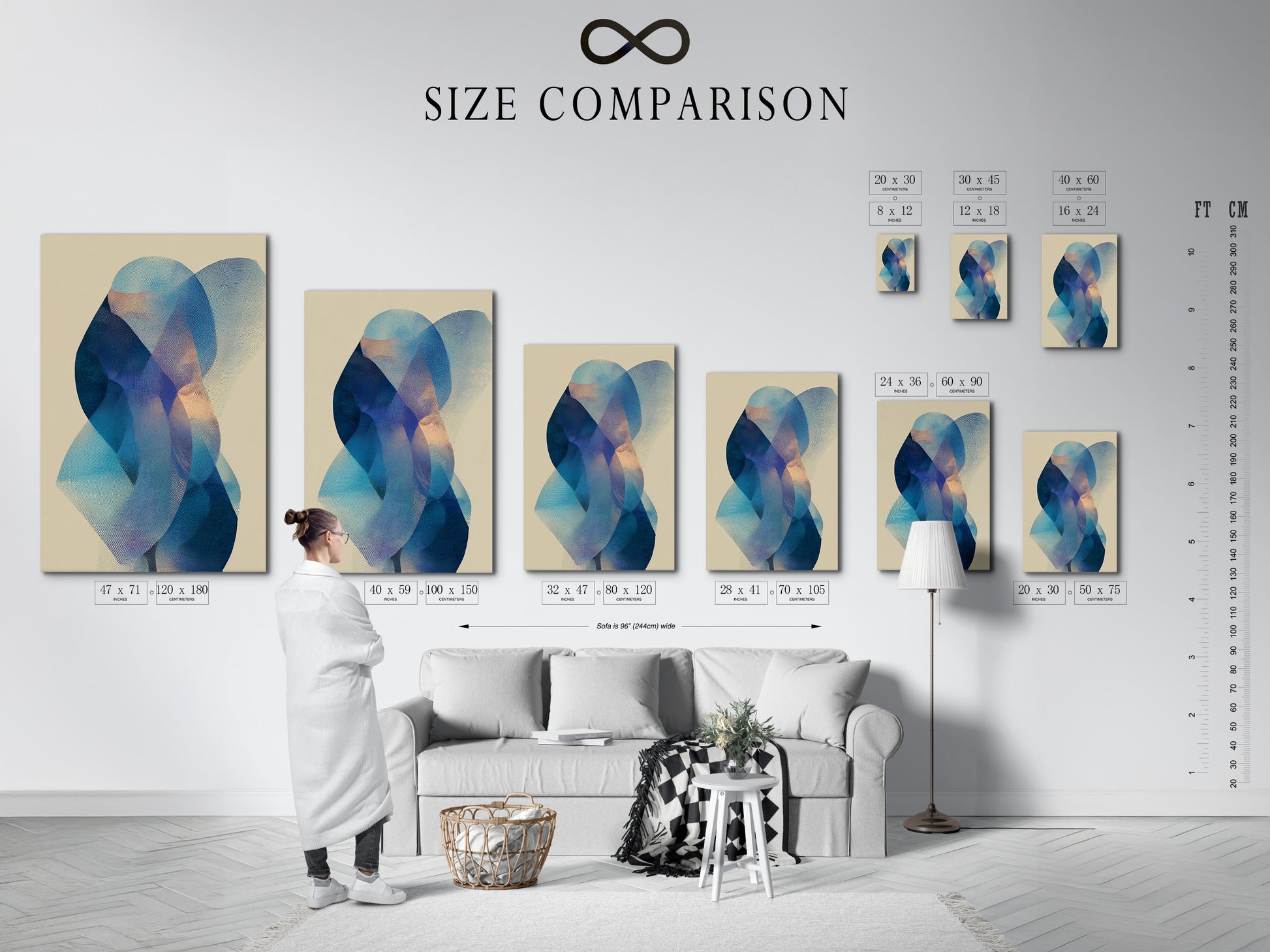 Here is a size comparison chart in an interior setting. See how different art print sizes look in a room. This chart helps you visualize the perfect size for your space. Make an informed decision about your art purchase. Ensure your artwork fits seamlessly into your home. Find the ideal size for your art with our comparison chart.