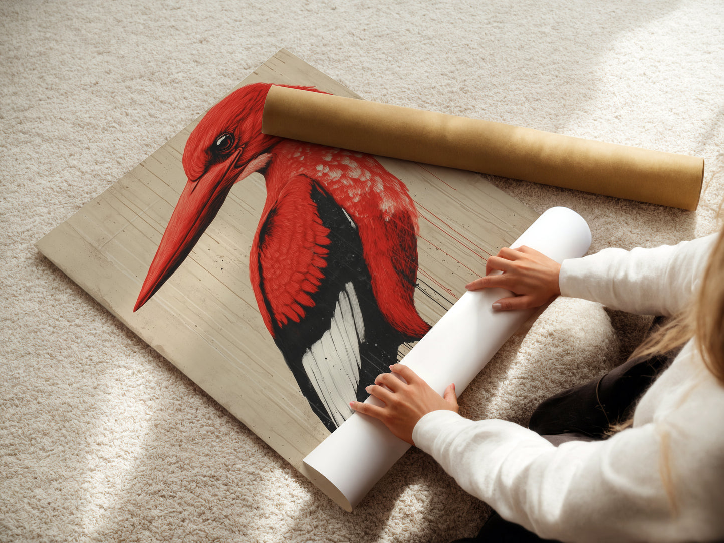A woman is carefully rolling a fine art poster paper. This highlights the care and quality of our fine art prints. The poster paper is ready for framing or display. It is the perfect way to showcase your favorite artwork.