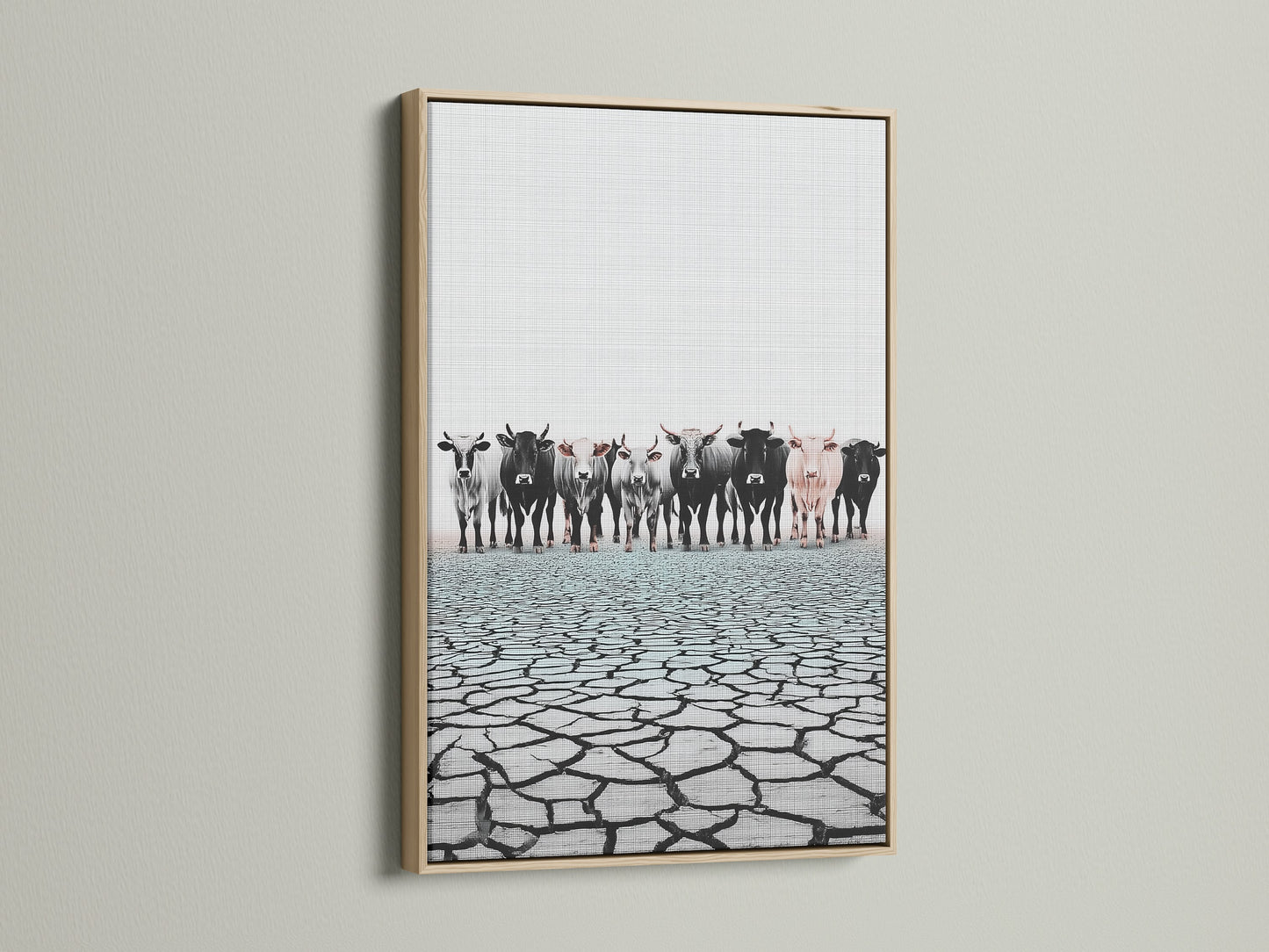 Cattle canvas print in an oak frame. Farm animal print offers a rustic touch to any room. Perfect countryside decor for a dining room or ranch. Discover oak framed artwork.