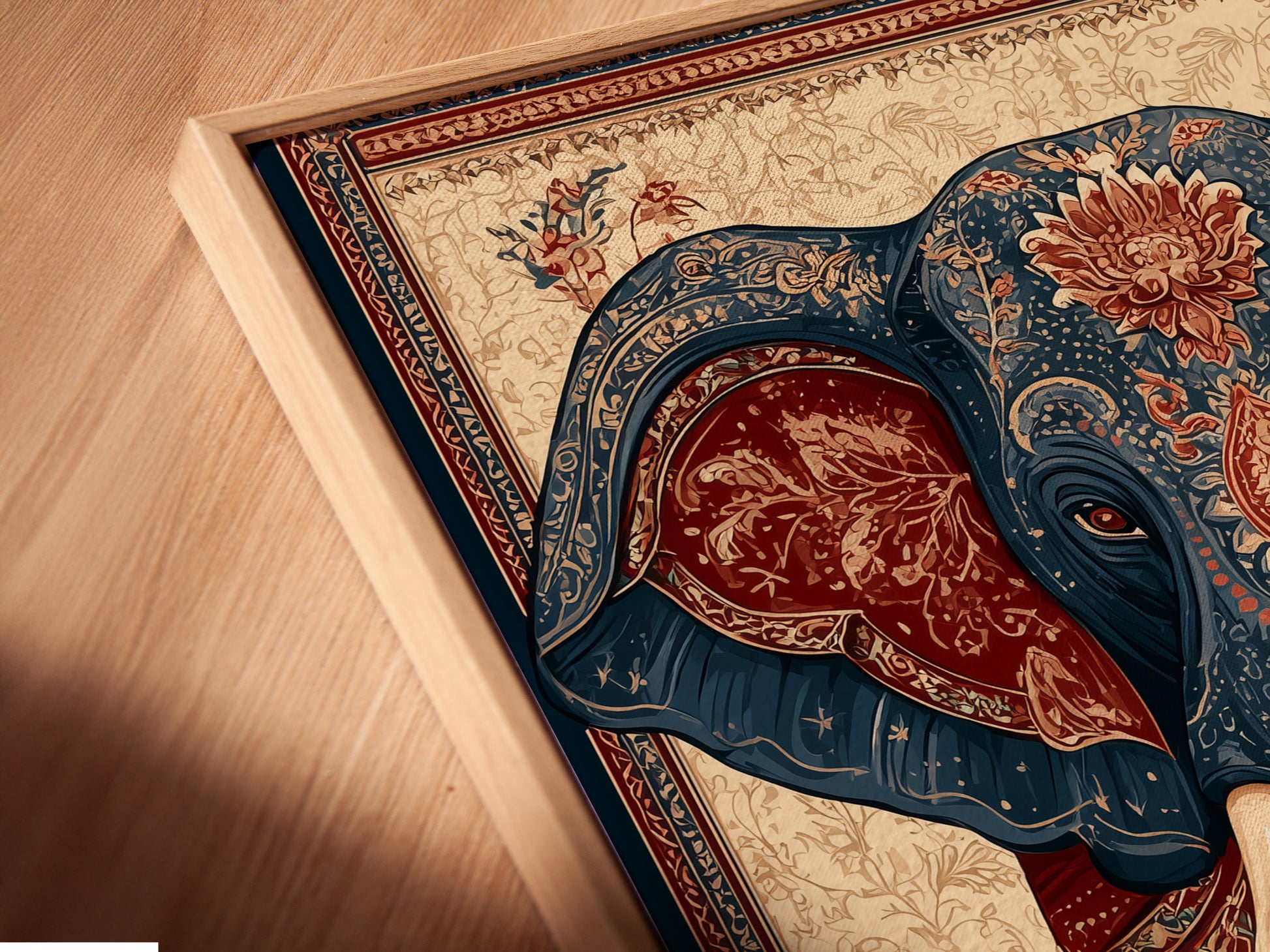 Close-up of a canvas print in a floating frame. The floating frame gives the artwork a modern look. See how the canvas appears to float within the frame. The frame enhances the texture and depth of the canvas. It adds a touch of elegance to your wall art. Appreciate the details of this framing style.