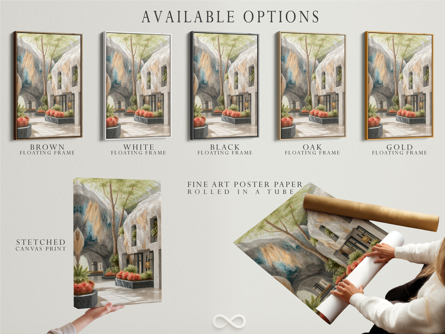 Explore available options for the Architectural Atrium artwork. Options include a stretched canvas print fine art poster paper and a floating frame. Choose the perfect style of botanical garden wall art for your space. Customize your modern gallery artwork to fit your unique style.