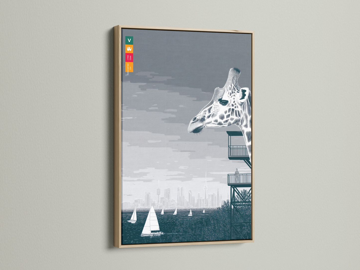 This framed giraffe artwork features a city skyline and sailboats. The frame is oak. The artwork's gray and blue tones create a modern coastal vibe. A unique piece of animal artwork for any space.