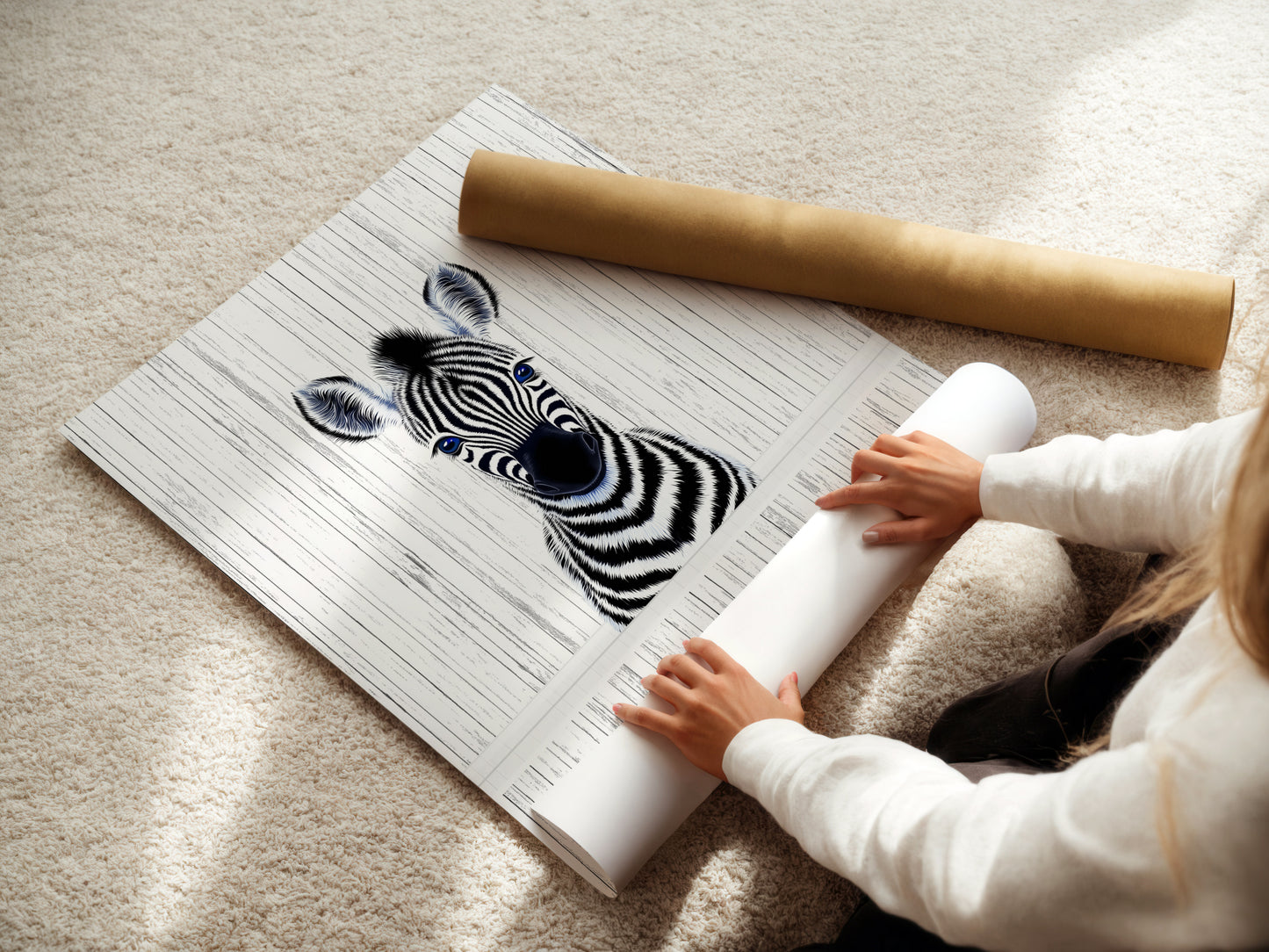 A woman carefully rolling a fine art poster paper. The paper features the Baby Zebra artwork. This shows the care in preparing nursery wall art. Ideal for kids room decor and minimalist spaces. Great as a black and white animal poster.