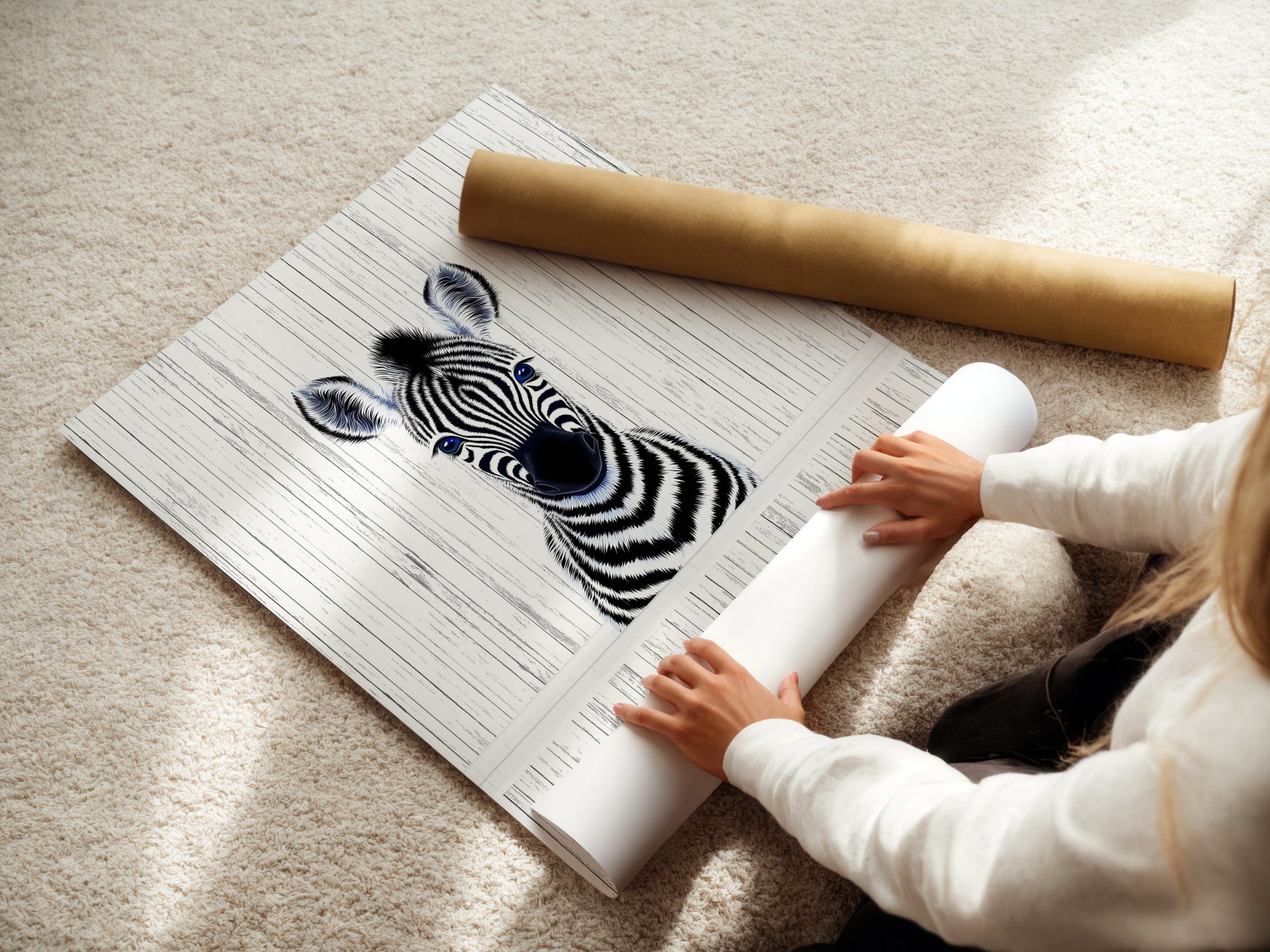 A woman carefully rolling a fine art poster paper. The paper features the Baby Zebra artwork. This shows the care in preparing nursery wall art. Ideal for kids room decor and minimalist spaces. Great as a black and white animal poster.