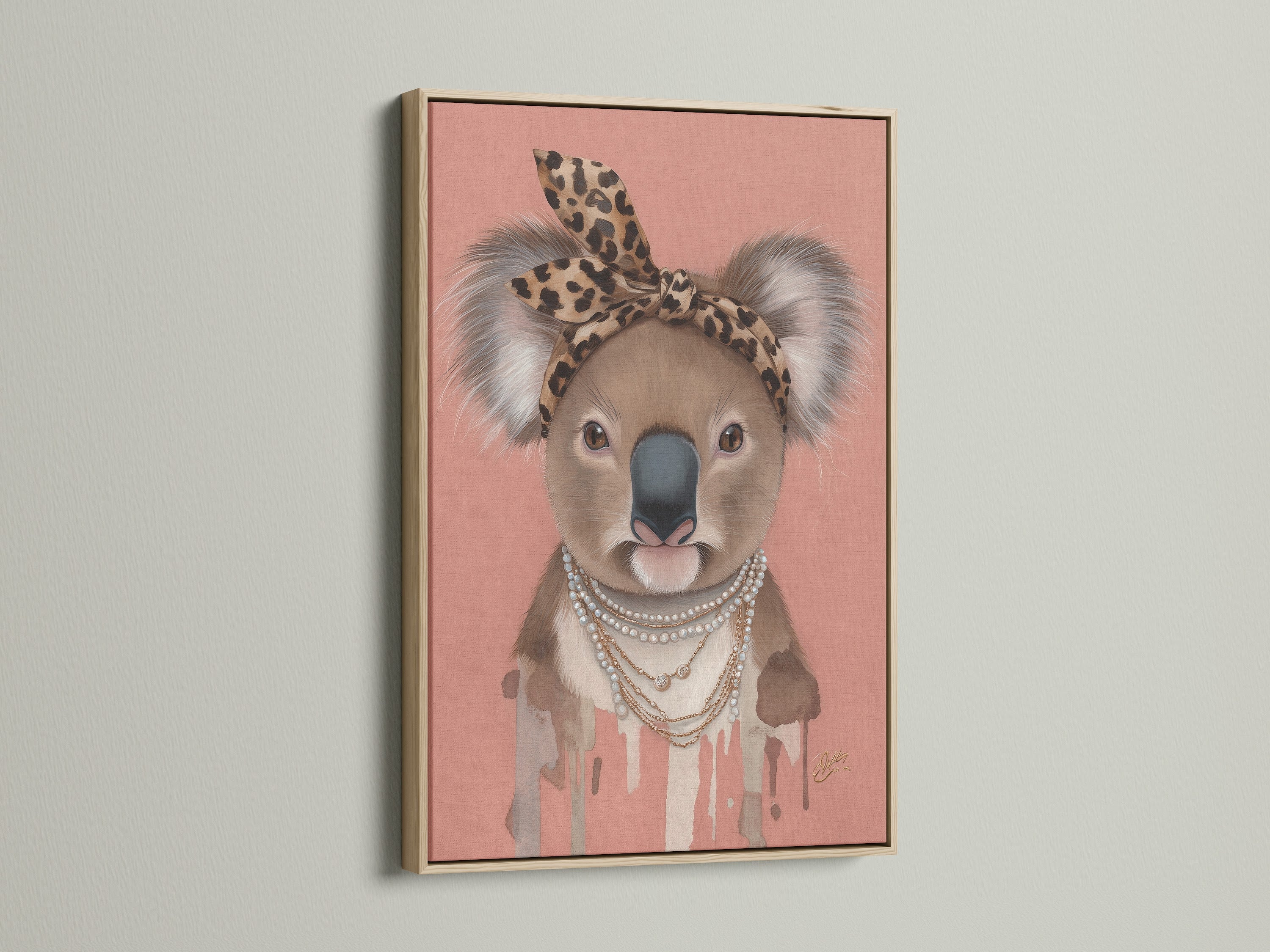 Oak Frame presents the Koala Wall Art. This animal canvas print is perfect for a trendy nursery. The Koala wears a leopard print headband and pearl necklace. This Australian animal art is ideal for kids' rooms.