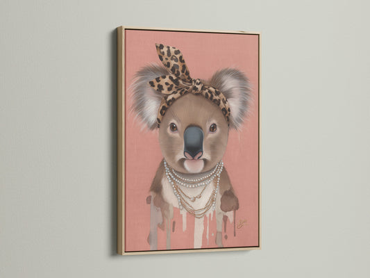 Oak Frame presents the Koala Wall Art. This animal canvas print is perfect for a trendy nursery. The Koala wears a leopard print headband and pearl necklace. This Australian animal art is ideal for kids' rooms.