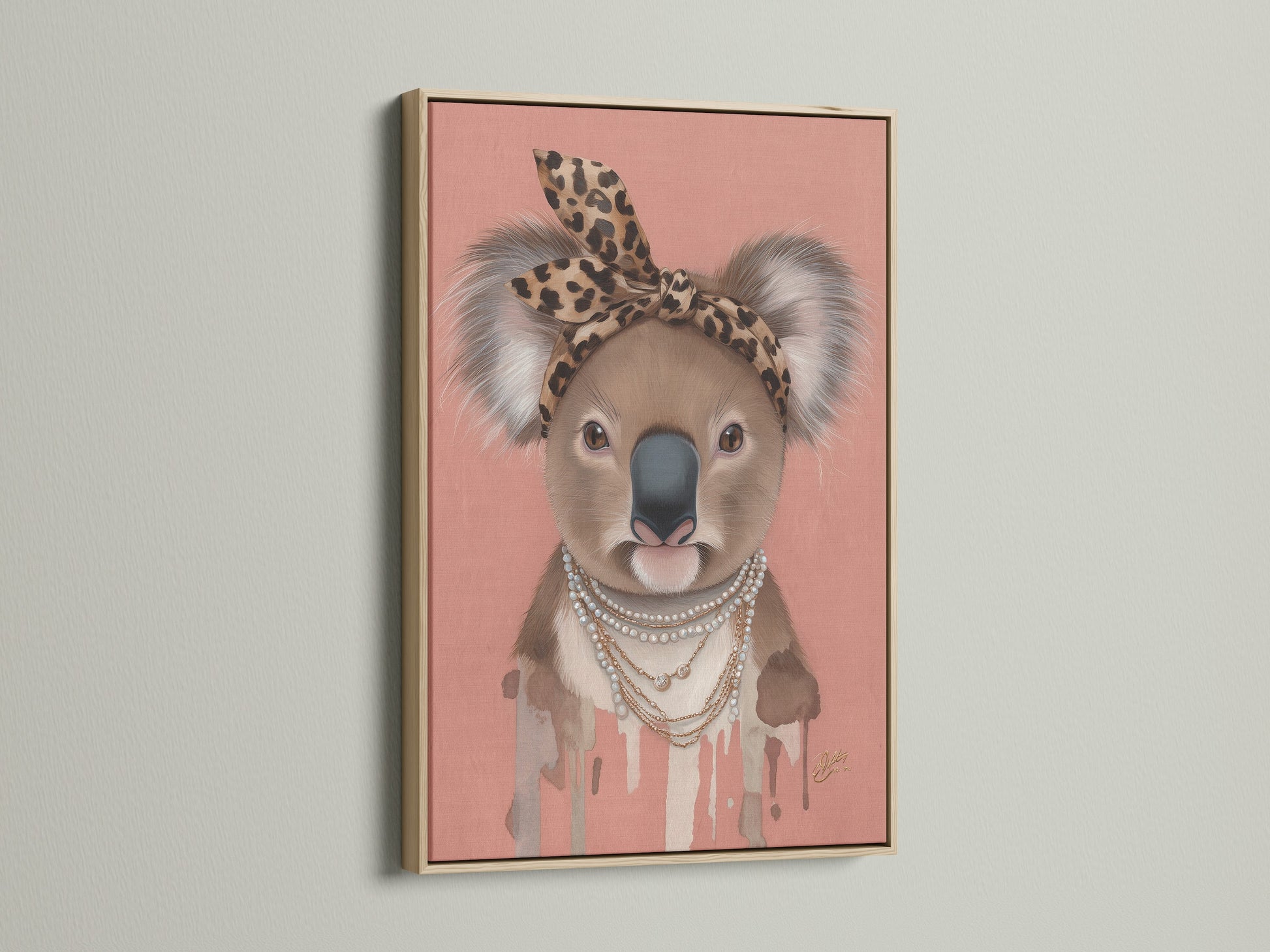 Oak Frame presents the Koala Wall Art. This animal canvas print is perfect for a trendy nursery. The Koala wears a leopard print headband and pearl necklace. This Australian animal art is ideal for kids' rooms.