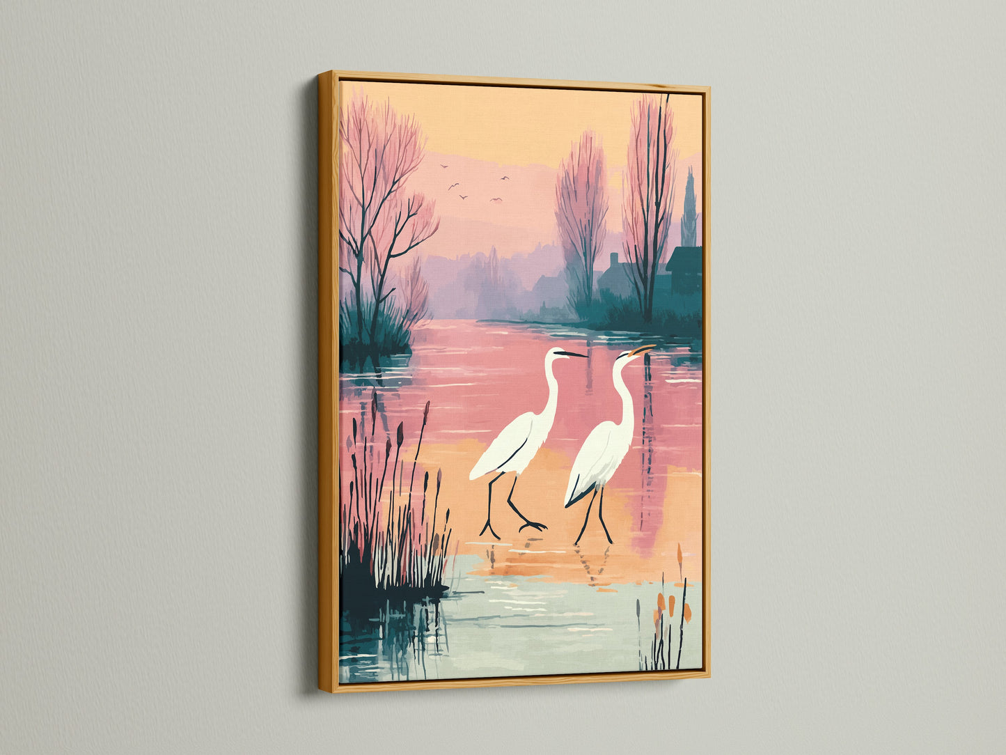 This gold frame elevates the heron canvas print. The serene bird artwork shines with a touch of luxury. Perfect for adding a refined touch to living rooms or lobbies. The artwork captures a peaceful waterscape.