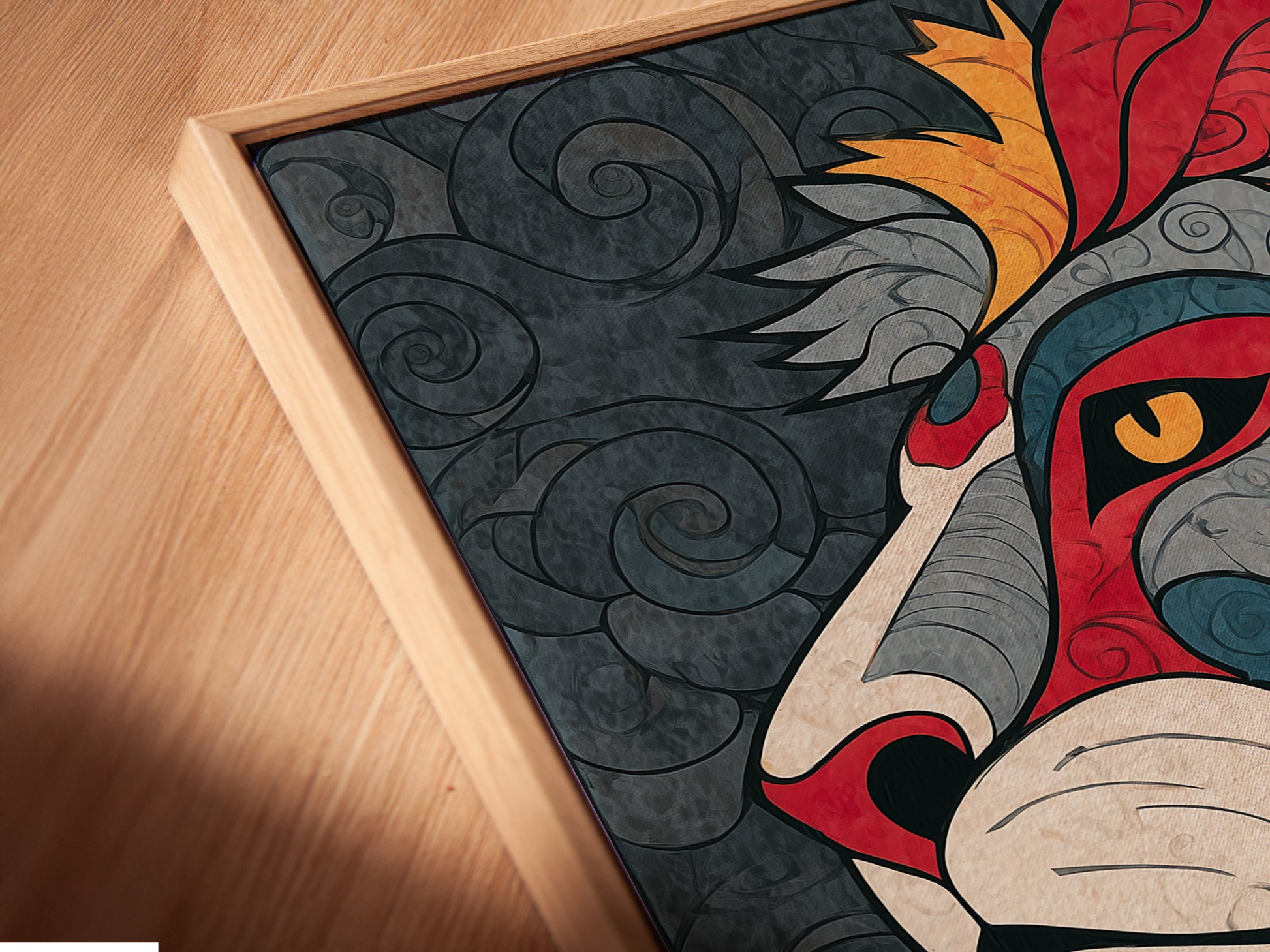 A close-up angled shot of a canvas print in a floating frame. The floating frame gives the illusion that the art is floating. This creates a modern and elegant look. The canvas print showcases vibrant colors and intricate details. Perfect for art lovers.