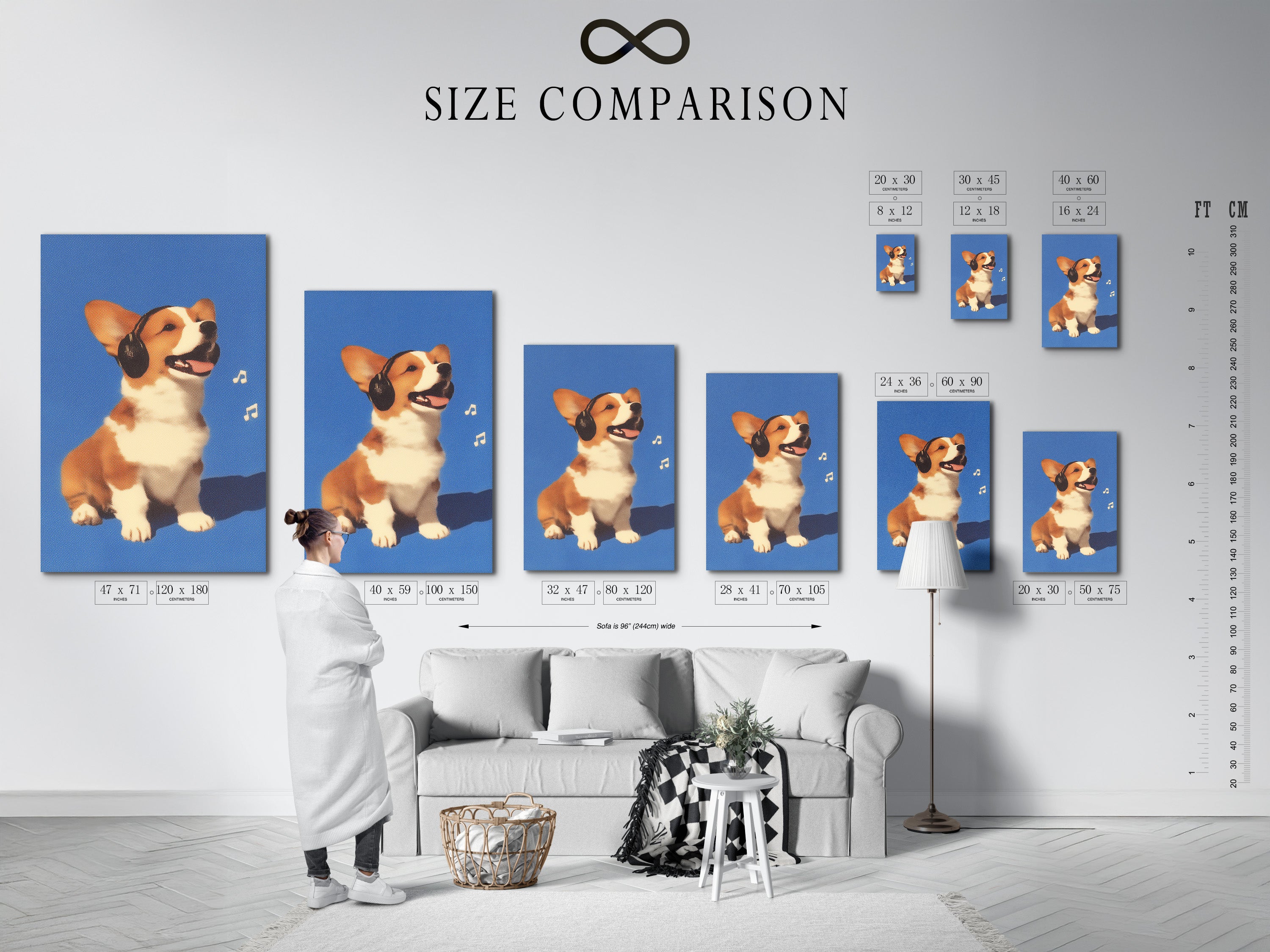 Size comparison chart in interior featuring Corgi Music Artwork Print. Dog listening to headphones canvas wall art. A blue pet portrait for office wall decor. Ideal for dog lovers seeking unique wall art. Appreciate a touch of whimsy in your home.