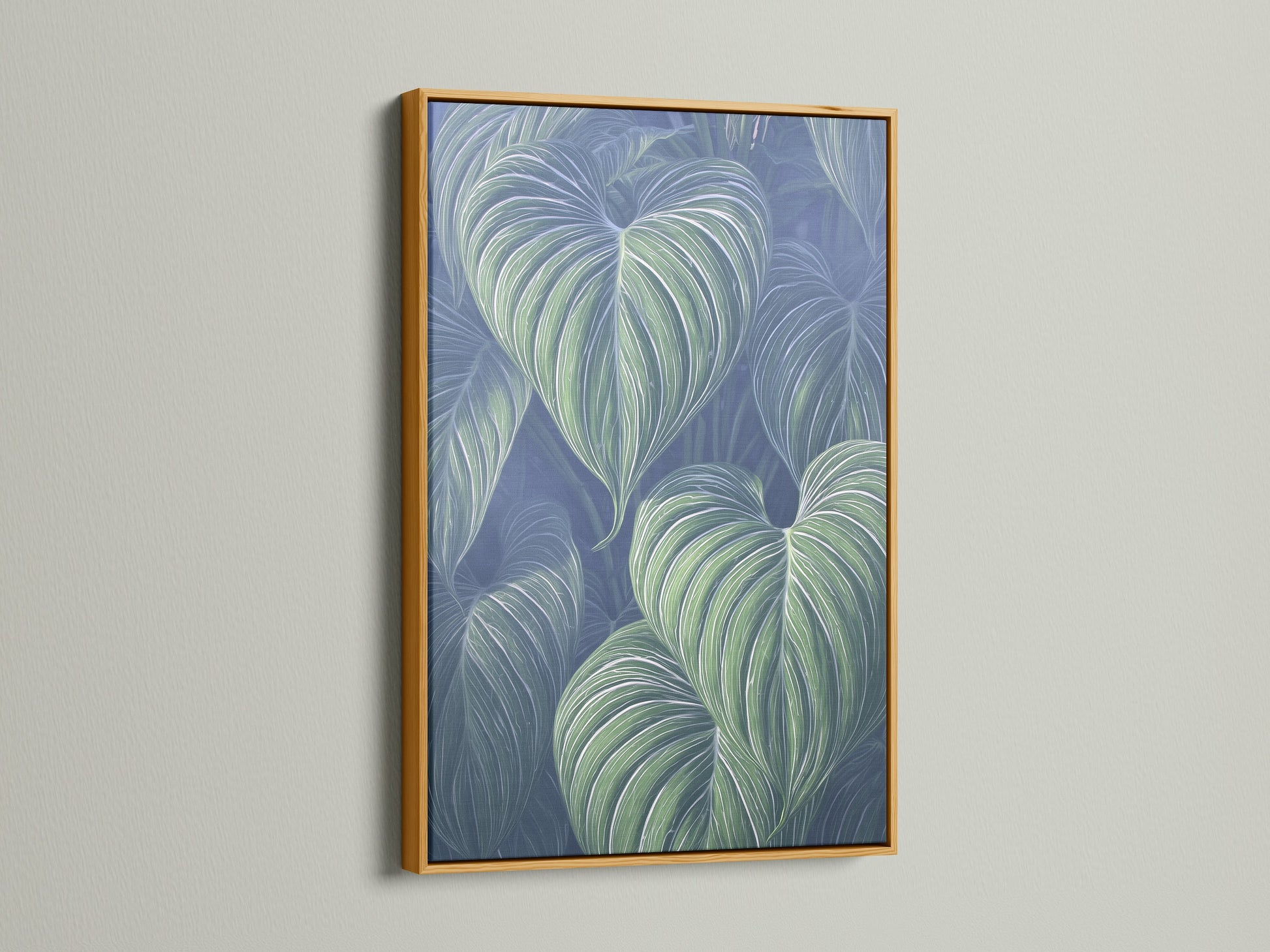 A gold frame highlights this beautiful tropical leaf art. The botanical canvas looks luxurious. It makes a great plant lover gift. The gold frame enhances any space. Consider this for your wall decor.