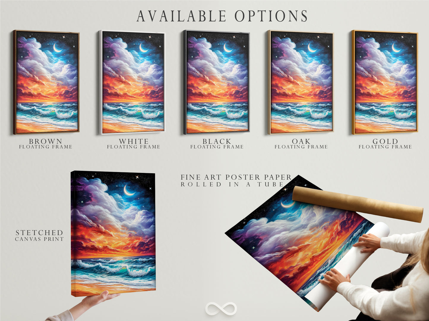 Explore available options for ocean sunset artwork. Choose from a stretched canvas print a fine art poster paper or a floating frame. Customize your coastal canvas to perfectly suit your style. Enhance your bedroom wall decor with this versatile ocean artwork.