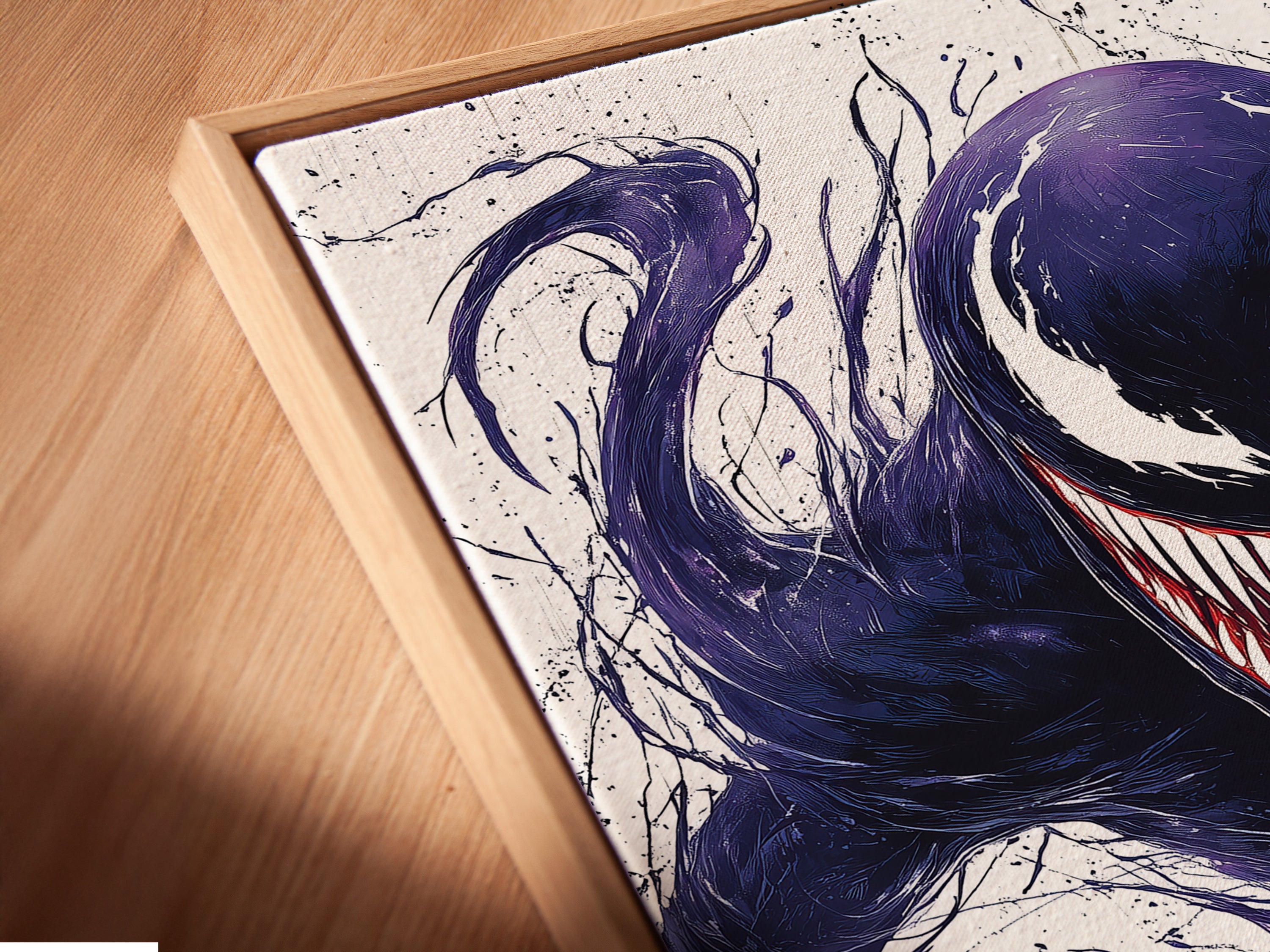 Get a close up view of a canvas print in a floating frame. The symbiote artwork looks stunning. This gothic monster canvas is a perfect addition. It enhances any room with a touch of dark fantasy.