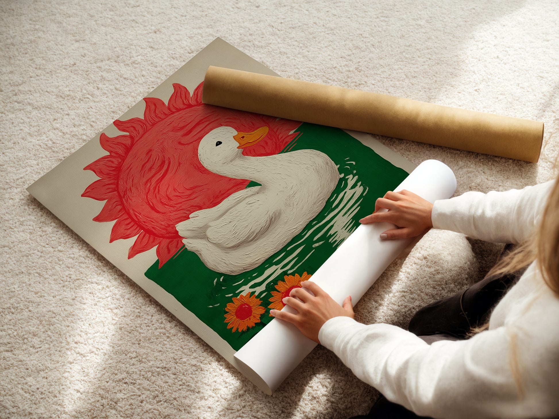 A woman is carefully rolling a fine art poster paper print. The print features a white duck floating on green water with orange sunflowers. A red sun is in the background. This art is perfect for homeowners renters and business owners seeking elevated folk-style art.