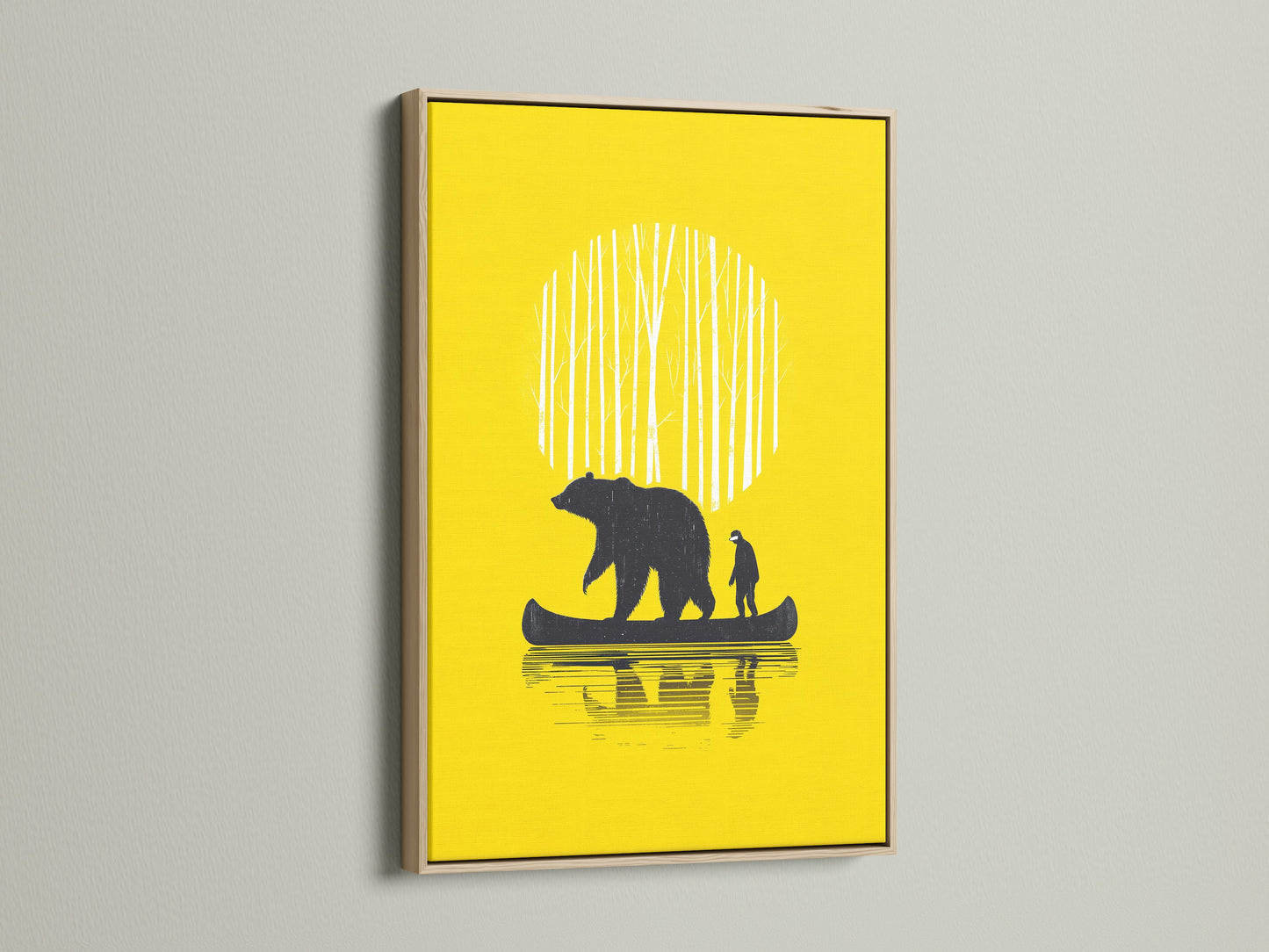 Bear Canoe artwork framed in an oak frame. The art features a bear and man in a canoe. This nature artwork would be great for cabin decor or a gift for him. The oak frame enhances the outdoor canvas.
