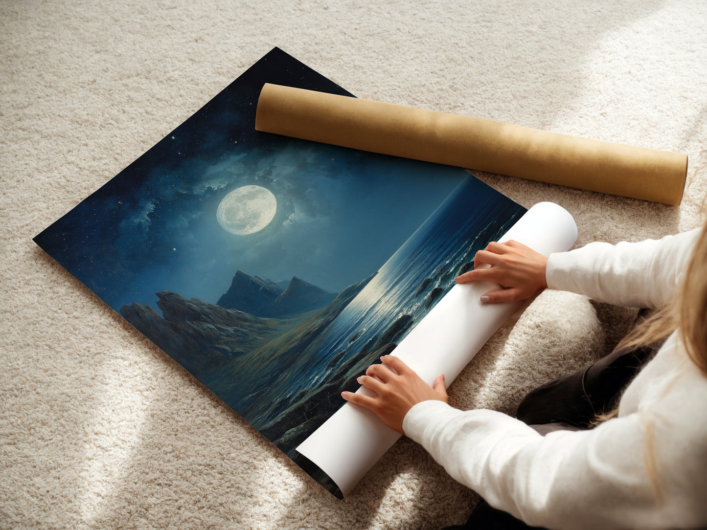 A woman is carefully rolling a fine art poster paper. The paper appears to be a high quality print. This action ensures the artwork remains pristine. Fine art poster paper is a great choice for displaying artwork. It offers excellent detail and color reproduction.