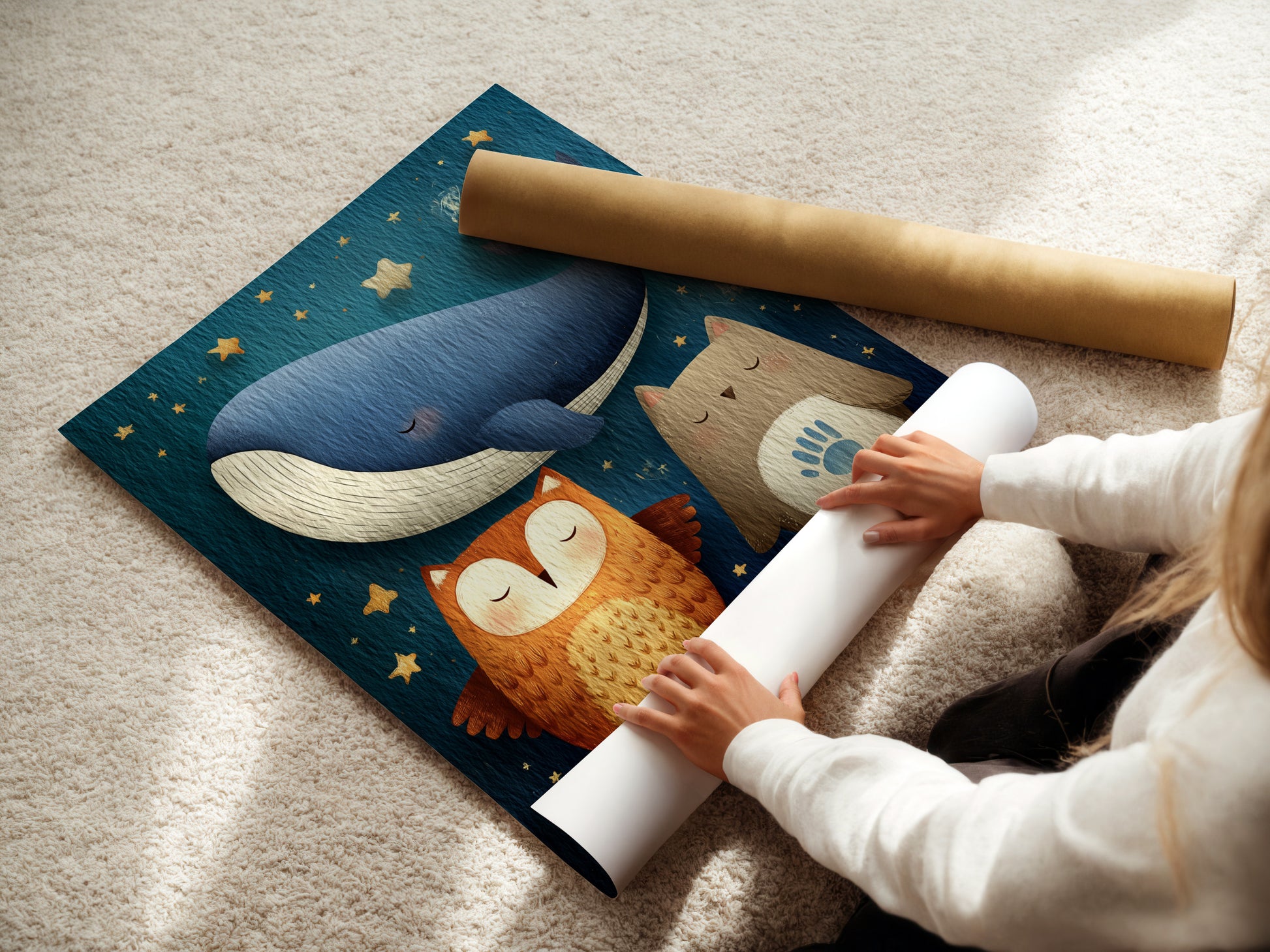 A woman carefully rolling a fine art poster paper. The high-quality paper ensures vibrant colors and sharp details. This preserves the beauty of the artwork. Ideal for art enthusiasts who appreciate premium materials and craftsmanship.