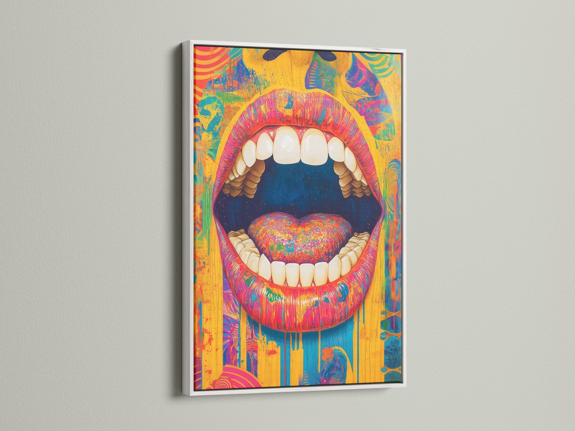 A psychedelic mouth artwork print is presented in a clean white frame. The rainbow wall art is eye-catching. This pop art canvas is ideal for adding a splash of color to your bedroom. It also makes a quirky home decor.