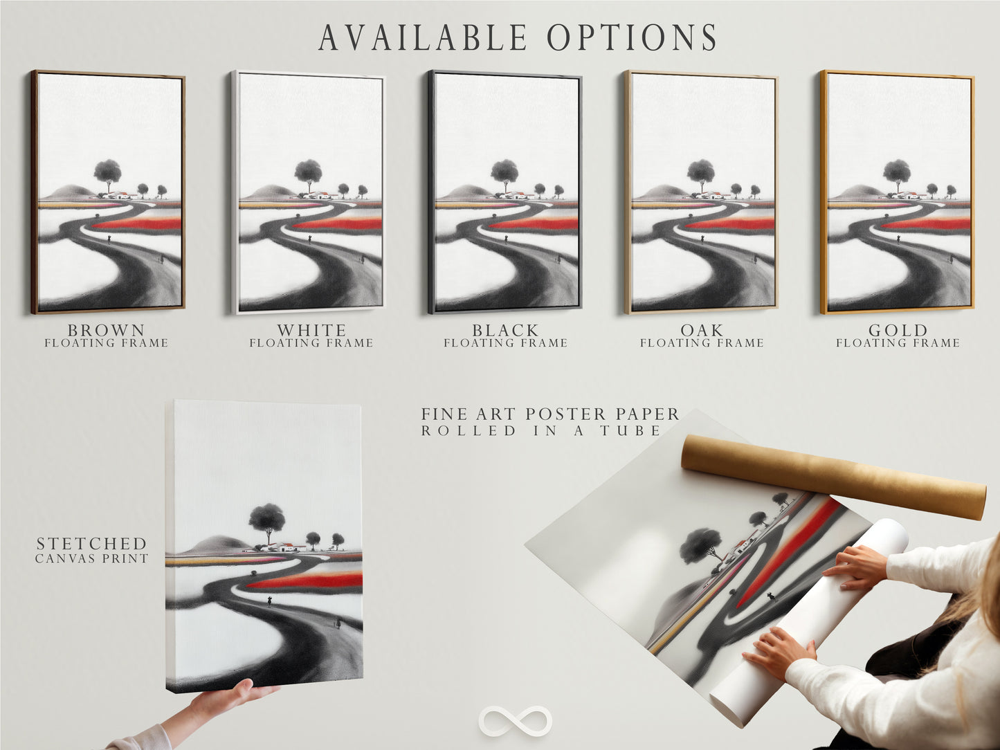 Explore available options for the Ink Wash Landscape artwork. Choose between a stretched canvas print a fine art poster paper or a floating frame. Each option enhances the minimalist Asian-inspired artwork. Find the perfect fit for your space. The artwork is perfect for minimalist Scandinavian or eclectic styles.