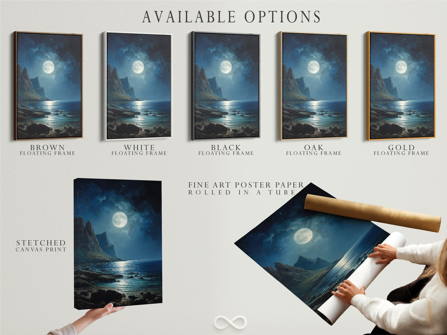 This image showcases the available options for artwork. Stretched canvas prints are a great choice. Fine art poster paper is also a good option. Floating frames add a touch of elegance. Choose the perfect option to match your personal style and decor.