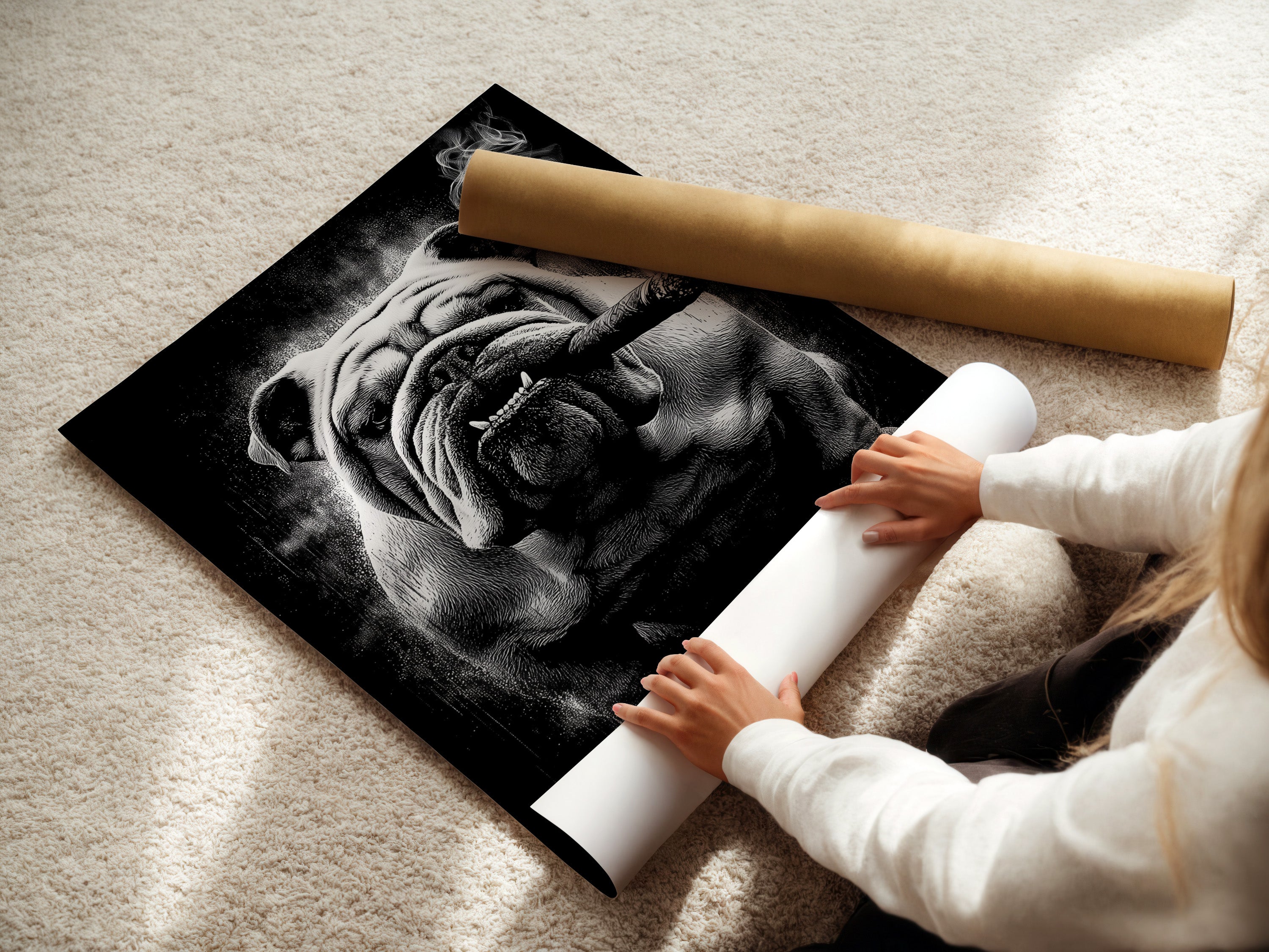 A woman rolling a fine art poster paper. This showcases the care and quality of our art prints. The fine art poster paper ensures a high-quality finish. Get your bulldog smoking artwork as a stunning poster.