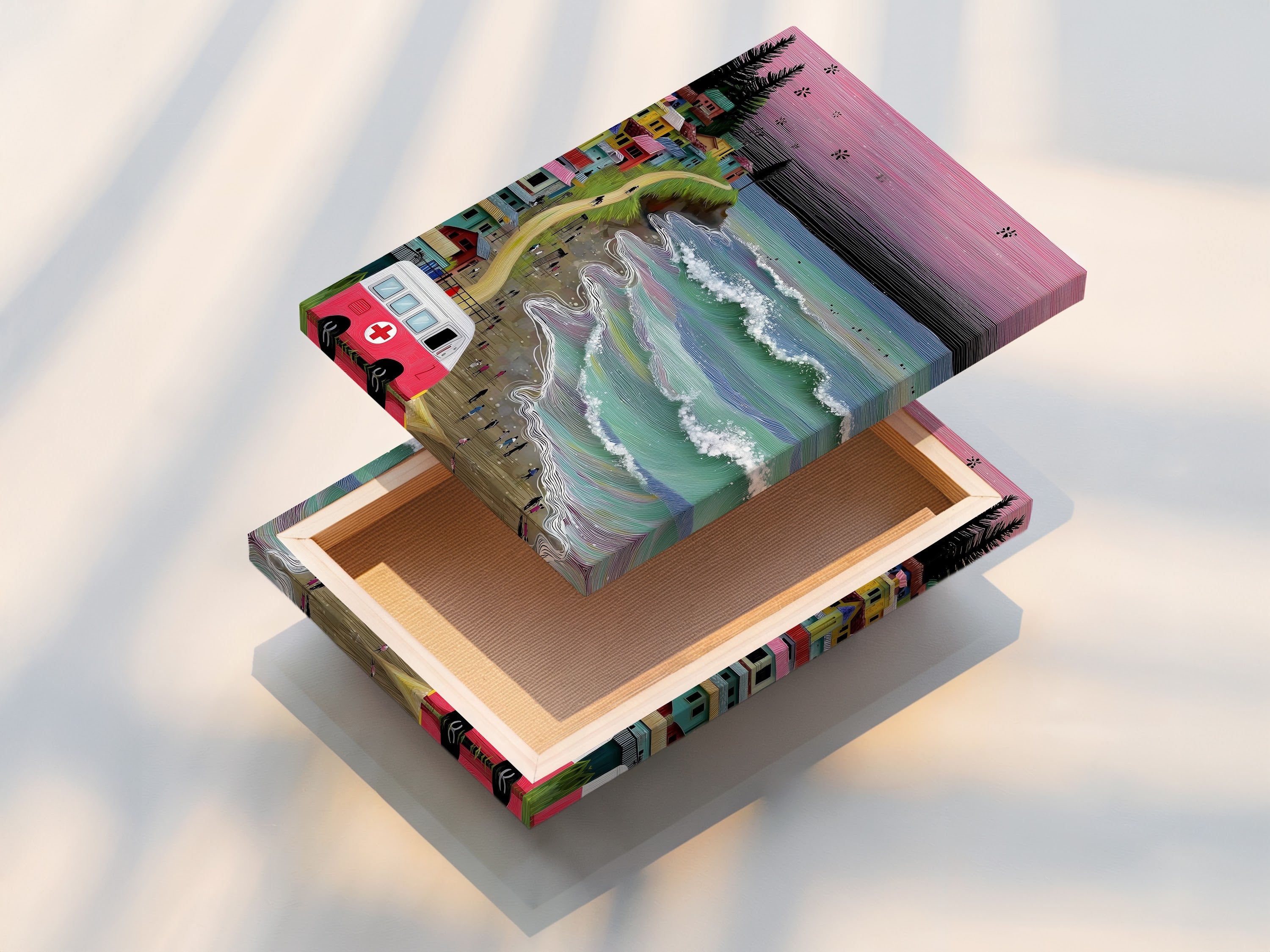 A stretched canvas print featuring coastal village art. The artwork depicts a vintage van and serene ocean waves. The stretched canvas provides a gallery-ready look. This whimsical seaside canvas art is perfect for any room. Enhance your space with this beach wall art.