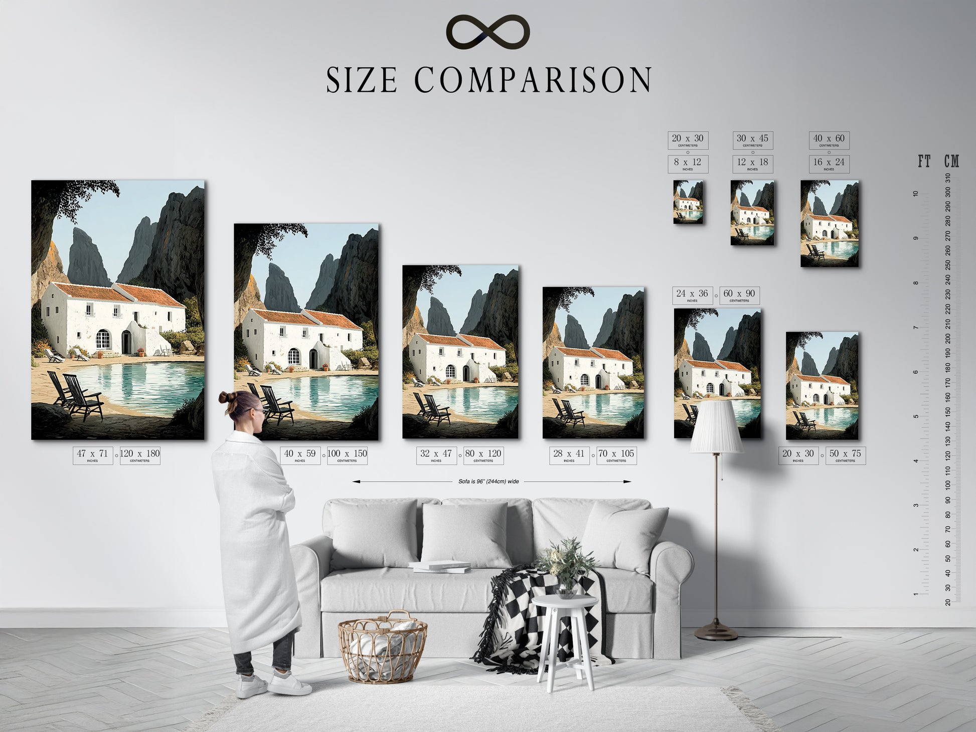 A size comparison chart in an interior setting displays various dimensions. This chart helps you visualize how the coastal villa artwork will fit in your space. Choose the perfect size for your living room bedroom or beach house today.