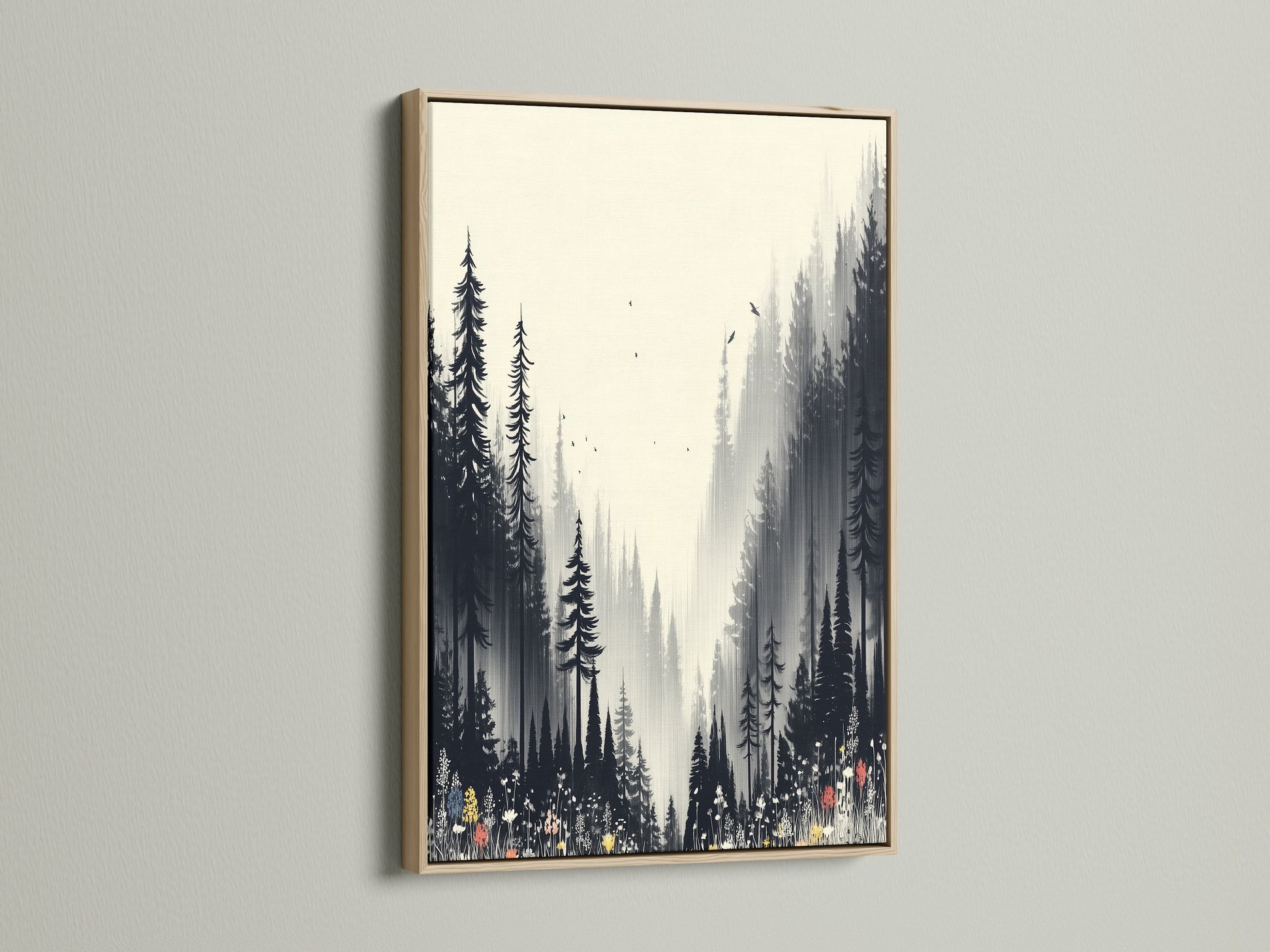 A captivating forest canvas print showcased in an oak frame. The misty woodland art brings nature indoors. Its black and white tones create a serene atmosphere. Ideal nature artwork for minimalist or contemporary spaces. Discover woodland art for your home.