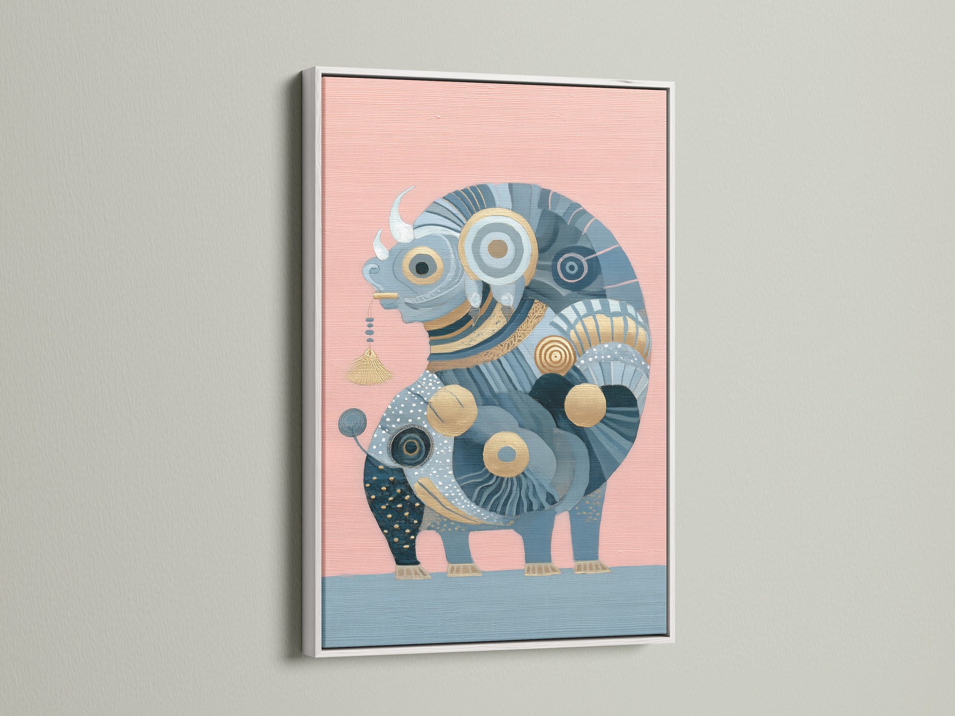 Abstract Bull framed artwork in a white frame. This animal print adds a modern touch to any space. Ideal for farmhouse art and boho decor. This geometric art piece brings a unique wall art element. Enhance your bedroom with this print.