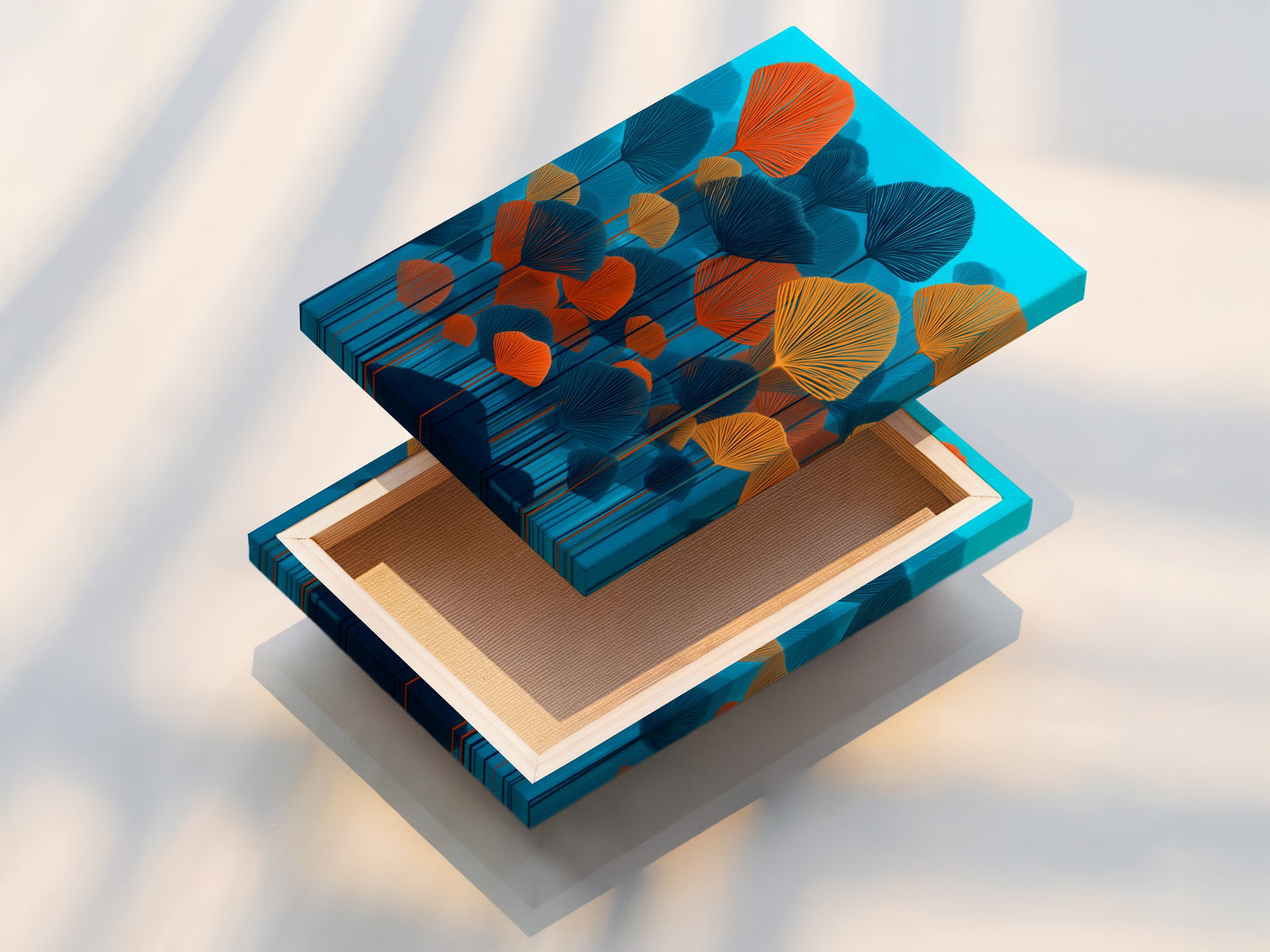 A stretched canvas print showcases the vibrant teal and orange botanical artwork. This modern floral artwork is ready to hang. The artwork brings a contemporary touch to any room. Perfect for homeowners and interior decorators seeking refined wall decor.