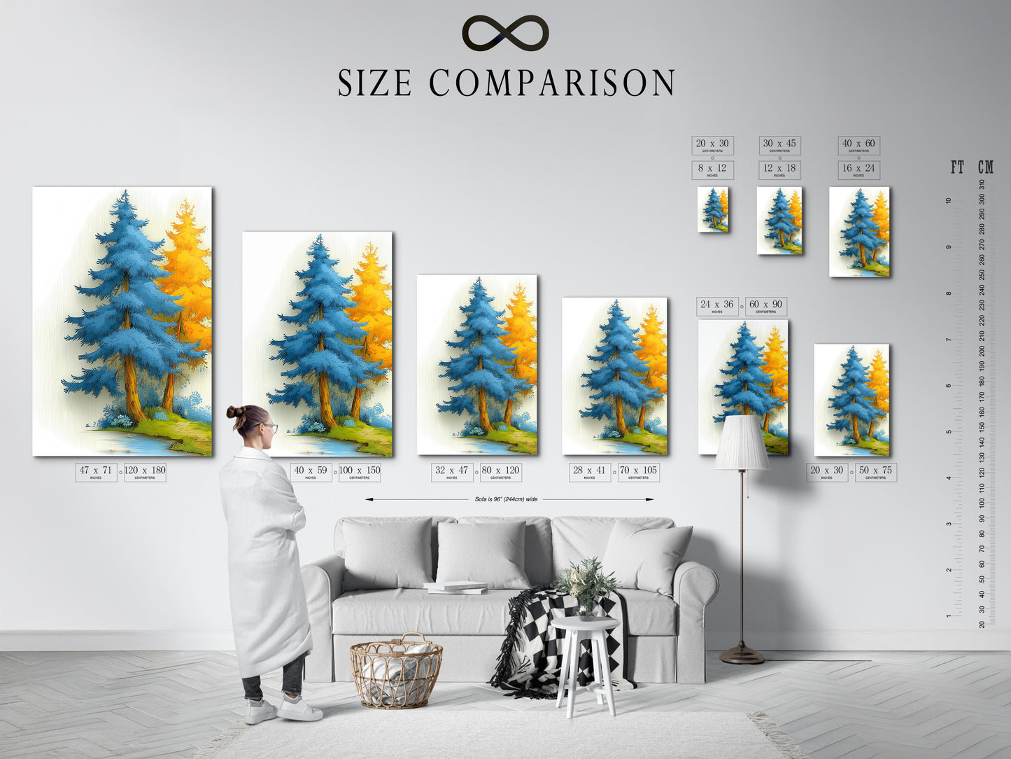 A size comparison chart shows the Blue Forest artwork in various sizes. The chart helps visualize the artwork in different spaces. Choose the perfect size for your wall. The size options cater to various needs. This modern artwork can fit any room. Find the ideal dimensions for your decor. Make an informed decision with this helpful chart.