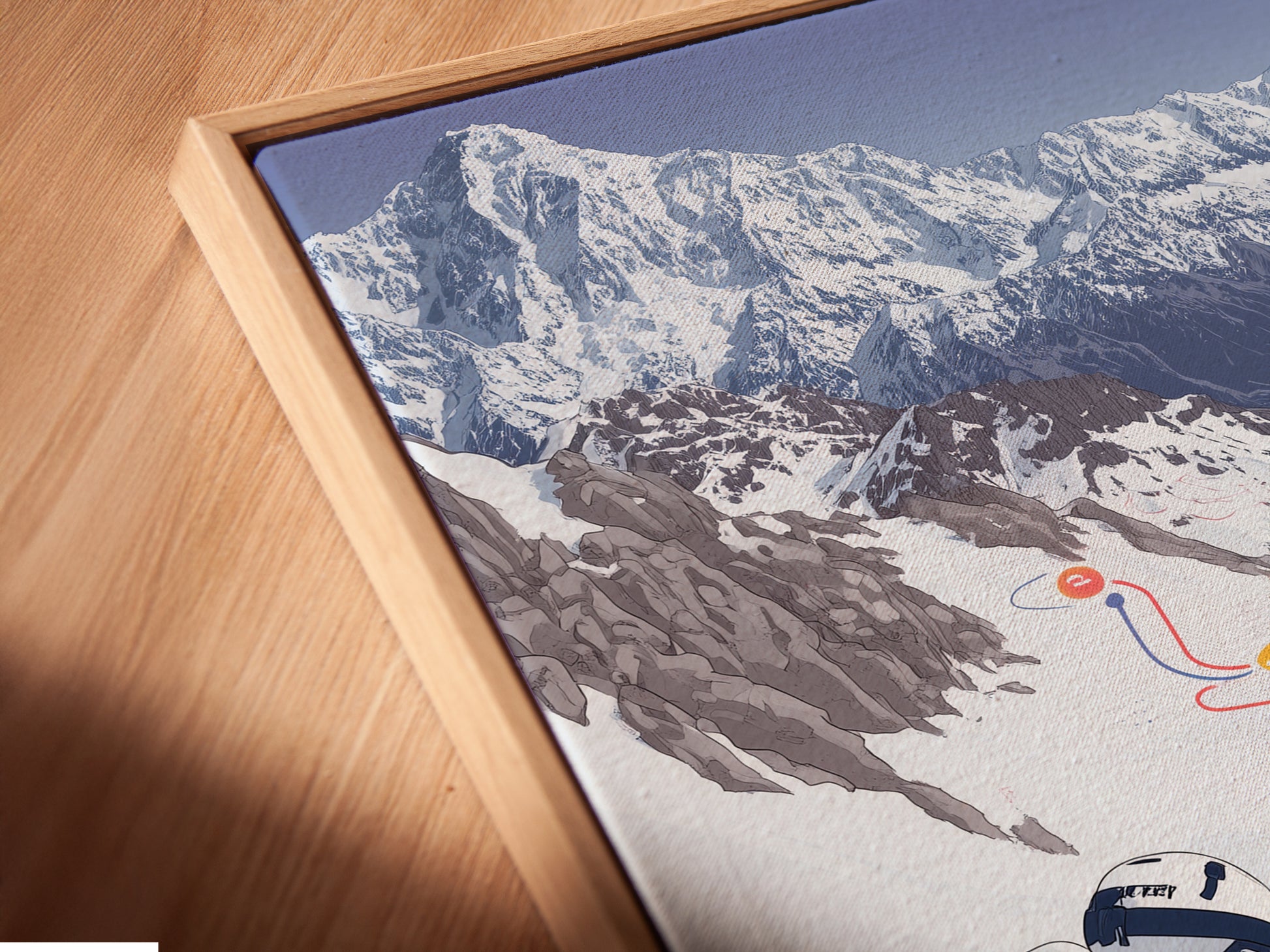 A close-up angled view of a canvas print in a floating frame. The skiing Mountain artwork is displayed beautifully. The floating frame adds depth and dimension to the piece. The winter sport artwork enhances any room. This is perfect for modern minimalist or chalet styles. A must-have for art lovers.