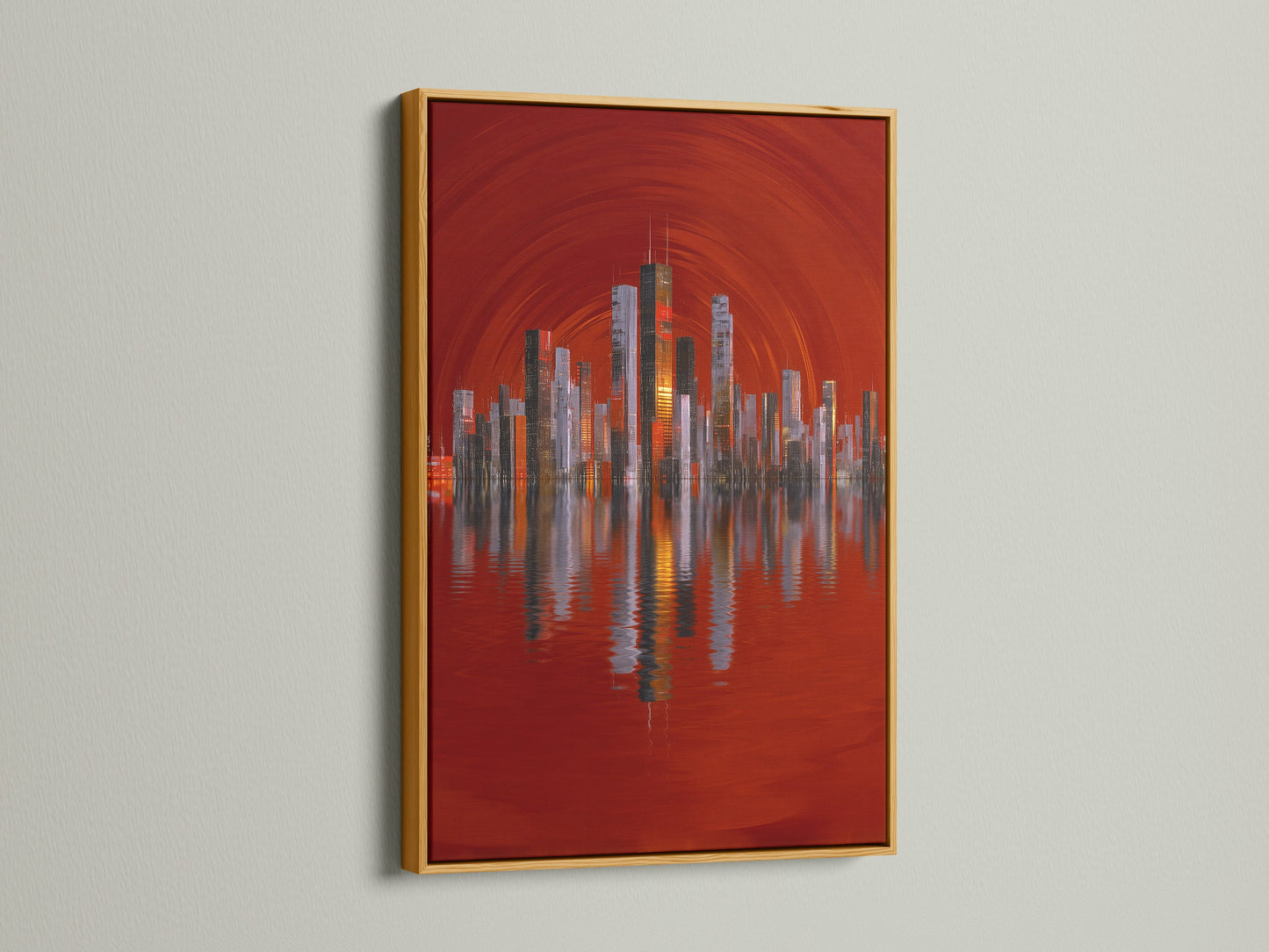 A gold frame presents a luxurious city skyline artwork. The red abstract urban art adds elegance. This cityscape wall art complements any sophisticated space. Its architectural artwork that exudes style. Perfect for office decor.