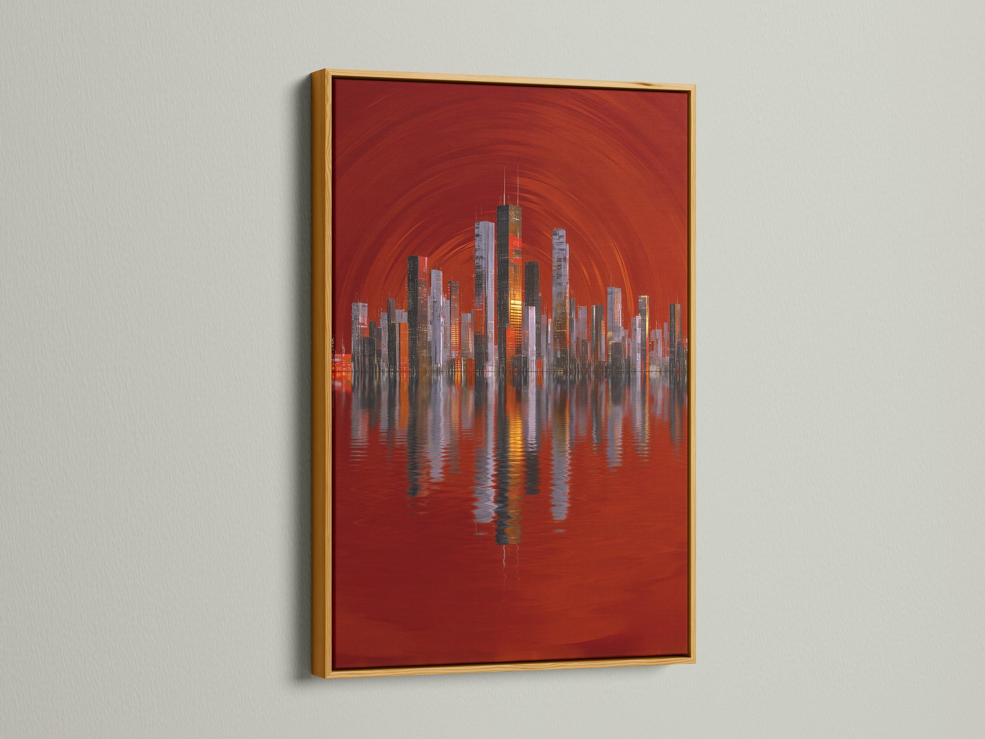 A gold frame presents a luxurious city skyline artwork. The red abstract urban art adds elegance. This cityscape wall art complements any sophisticated space. Its architectural artwork that exudes style. Perfect for office decor.