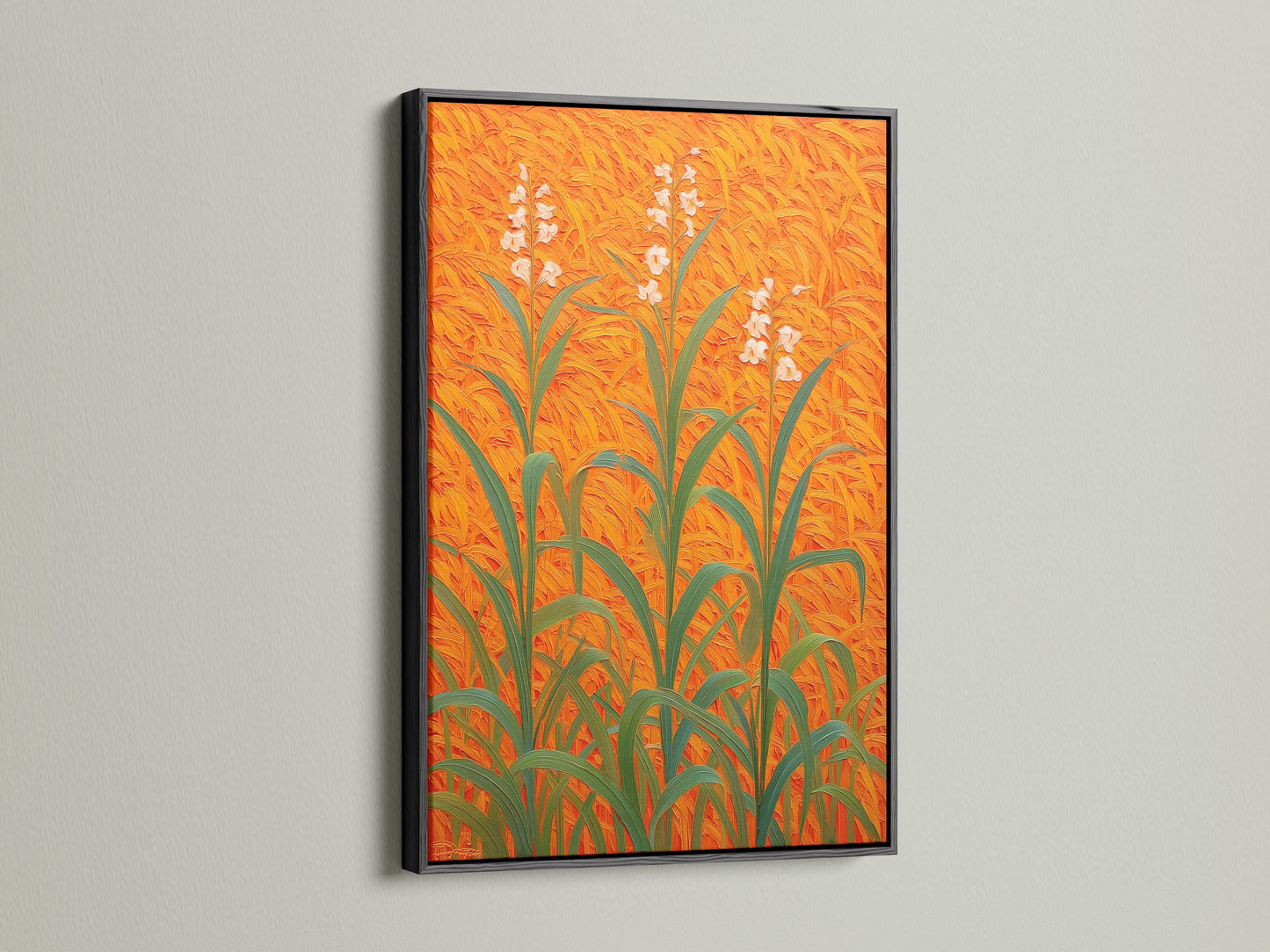 Floral Field Canvas artwork displayed in a black frame. This botanical print with orange wall art makes a statement. The plant artwork is a modern art print. Perfect for unique entryway decor. This floral wall decor stands out. The field art print on botanical canvas adds sophistication. Enhance your space with this orange home decor.