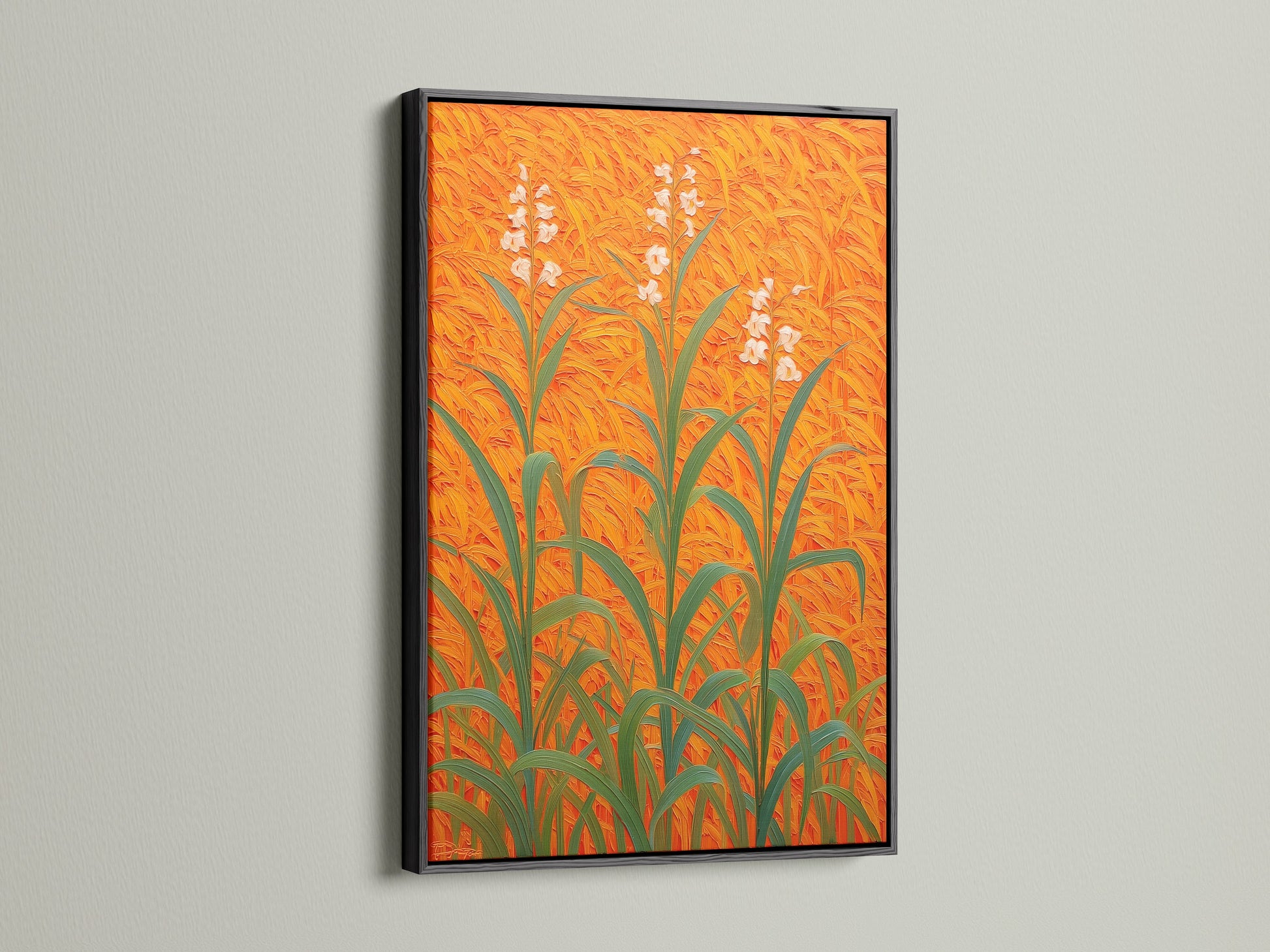 Floral Field Canvas artwork displayed in a black frame. This botanical print with orange wall art makes a statement. The plant artwork is a modern art print. Perfect for unique entryway decor. This floral wall decor stands out. The field art print on botanical canvas adds sophistication. Enhance your space with this orange home decor.