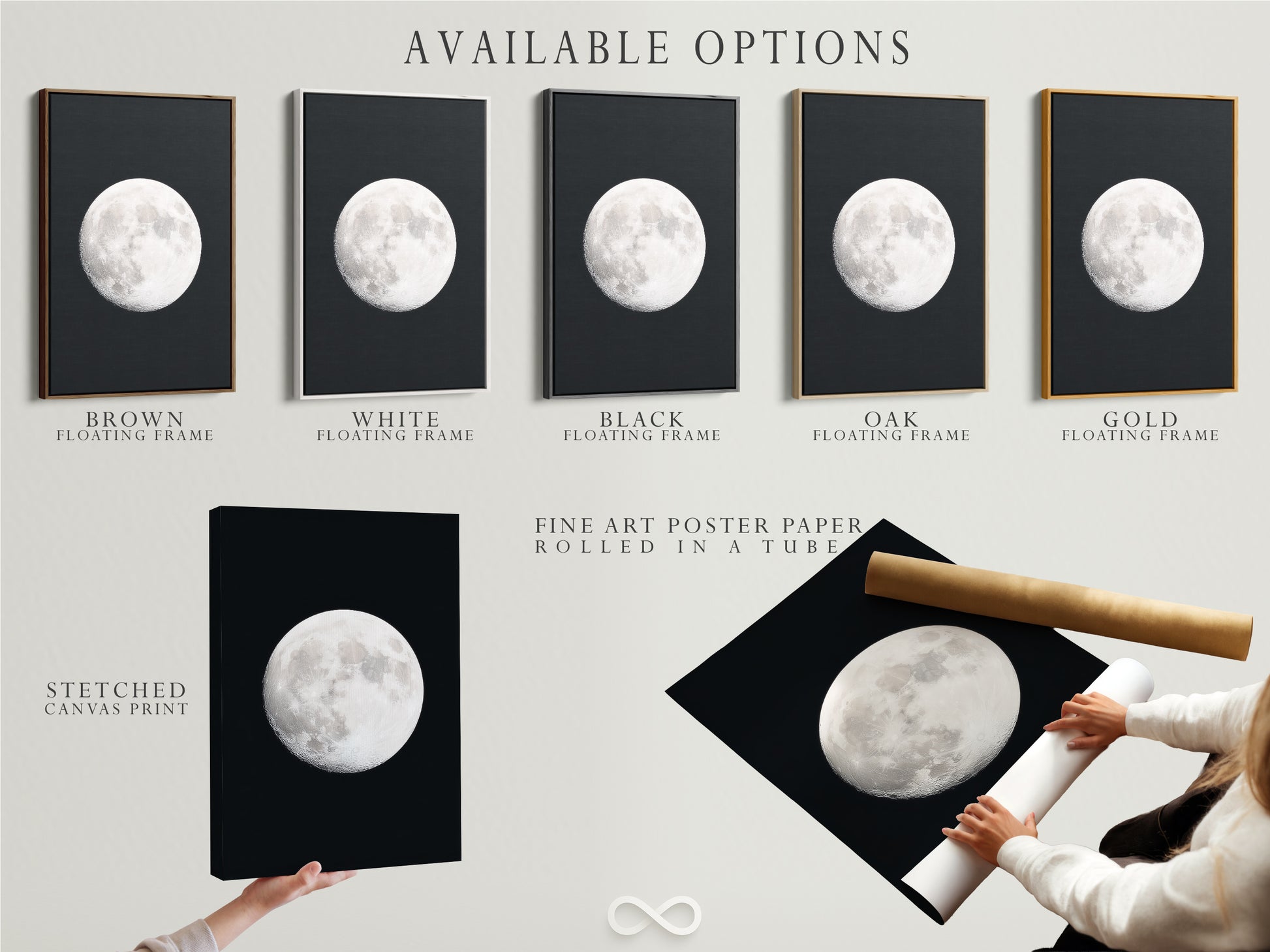 Available options for Full Moon lunar phase artwork. Choose from stretched canvas print fine art poster paper or floating frame. Enhance celestial art with your preference. Customize astronomy decor to your style. Select moon phase art that fits you. Personalize space themed art. Find the perfect astrology gift. Create your night sky print. Design full moon artwork and celestial print.