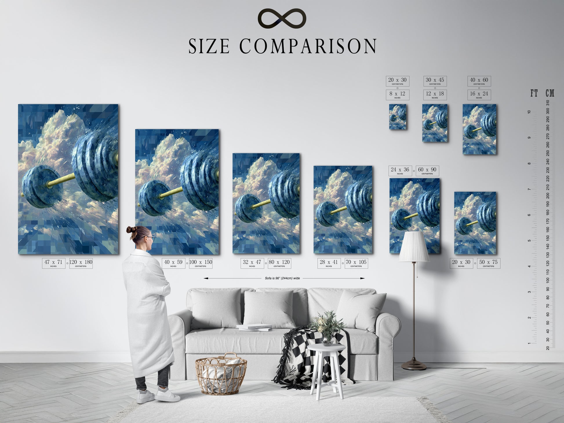 Size comparison chart displayed in an interior setting. See how our fitness canvas art fits perfectly in your home gym. Visualize the impact of this dumbbell art print on your workout space.