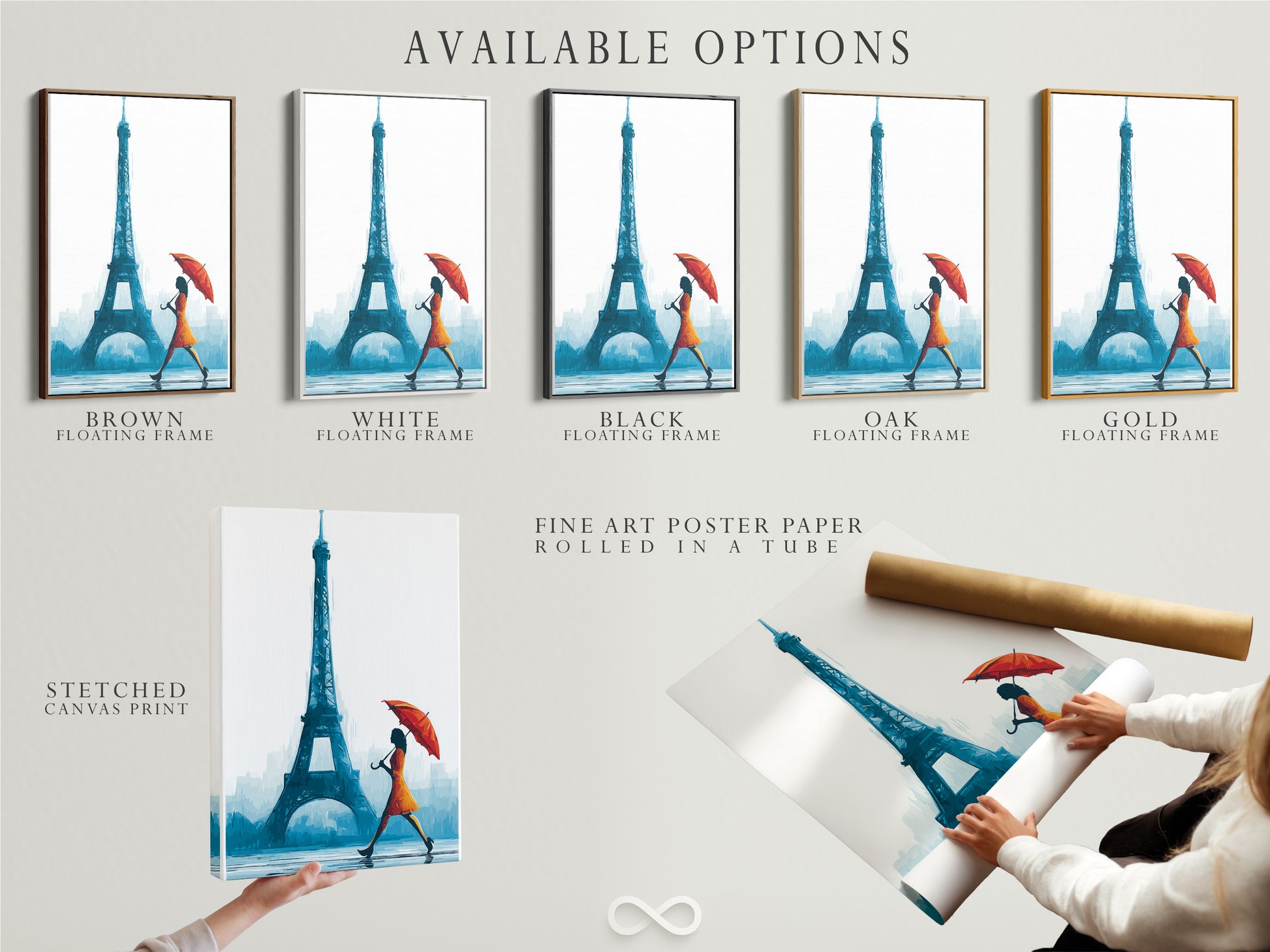 Available options are showcased Eiffel Tower art. Choose from a stretched canvas print. Fine art poster paper or floating frame options. Customize your artwork to fit your style. Perfect for adding a touch of Paris to your home. Shop now for travel canvas prints and office wall decor.