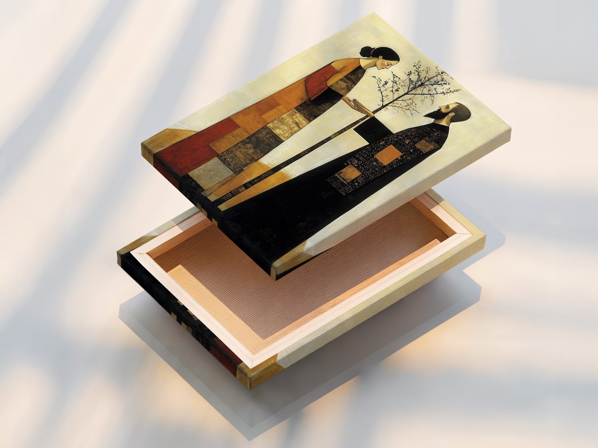 A stretched canvas print of modern folk art. The artwork shows a couple planting a tree. The contemporary print features earthy tones. This wall art is ideal for bedroom decor. The art is great for nature lovers and warm tones.